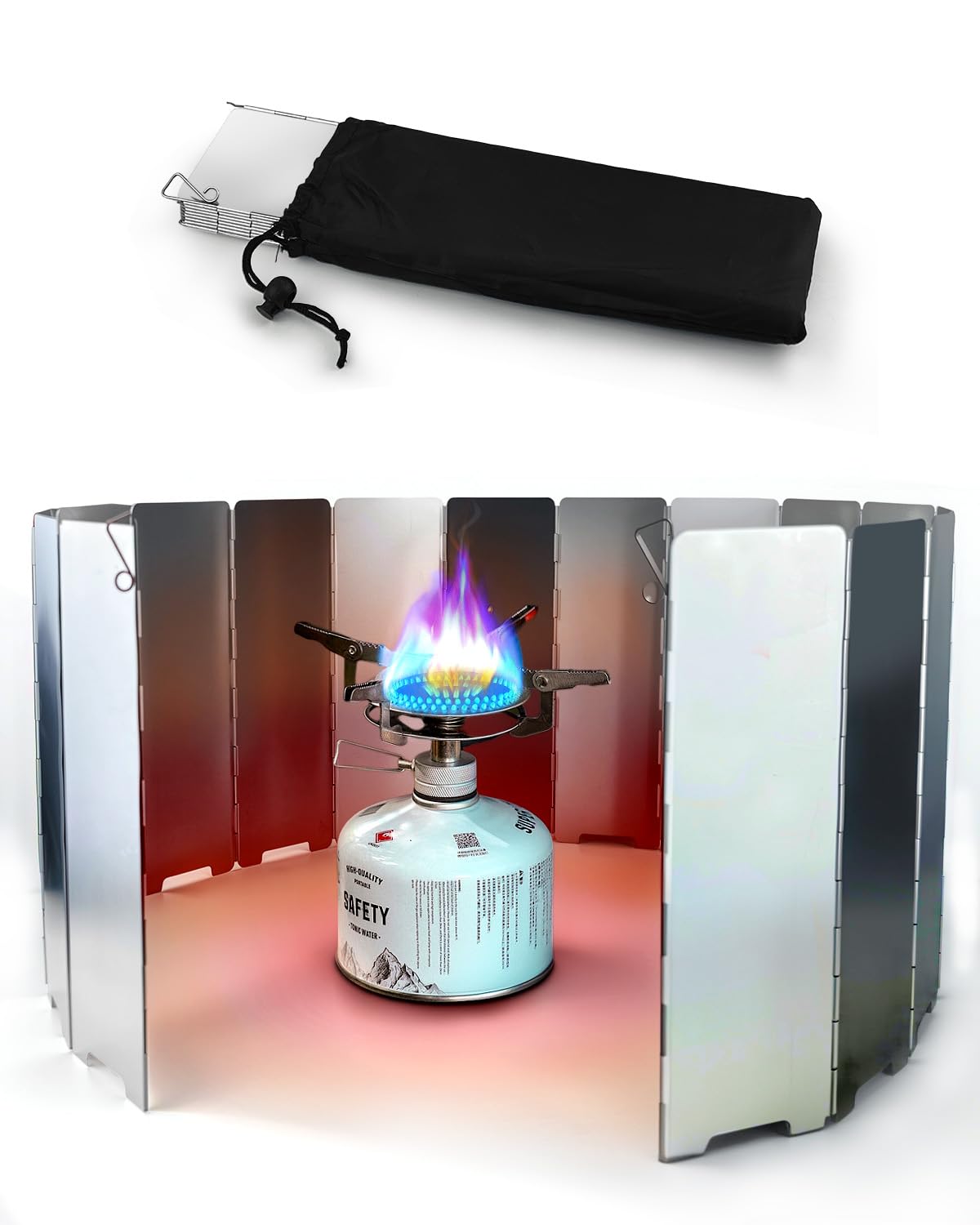 16 Panels Detachable Camping Stove Windshield, Heat-Reflective Aluminum Stove Windscreen with Retractable Stakes & Waterproof Bag, Modular Lightweight 99x24cm Wind Protector for Backpacking Hiking