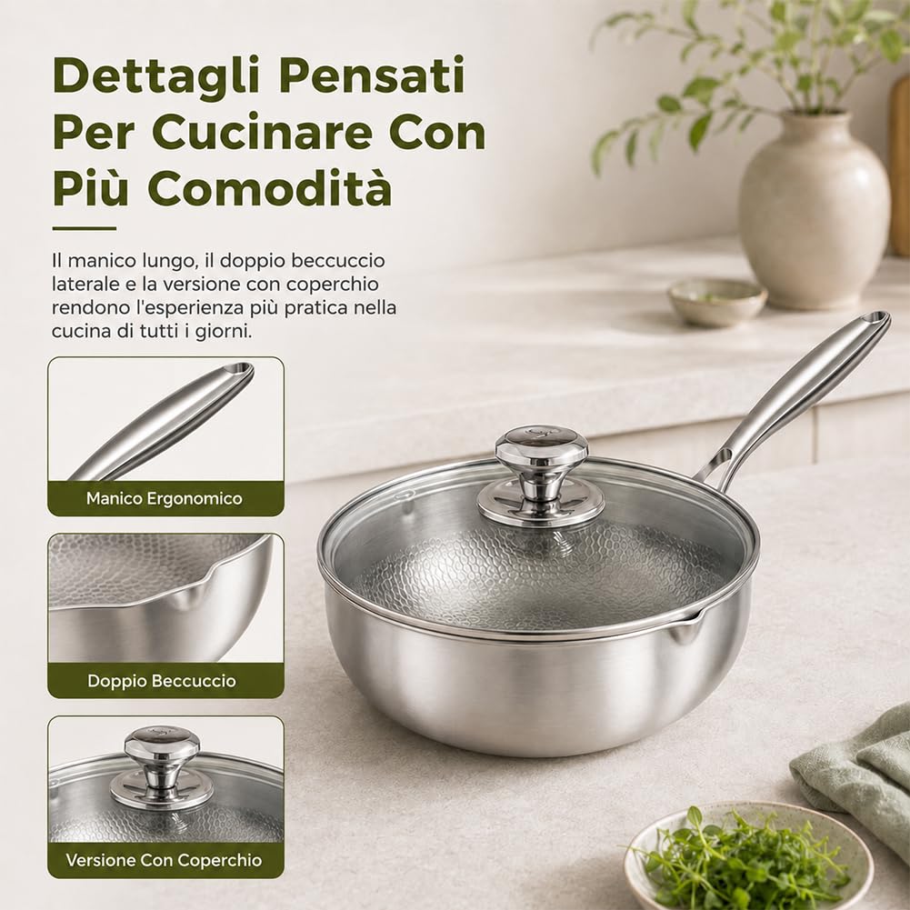 Padella Titanio Puro Antiaderente 18/20/22 cm, Padella in Titanio Senza Rivestimento, Lspessito Ultra-resistente/Resistente ai Graffi/Non Rivestito ，È dotato di coperchio：22cm