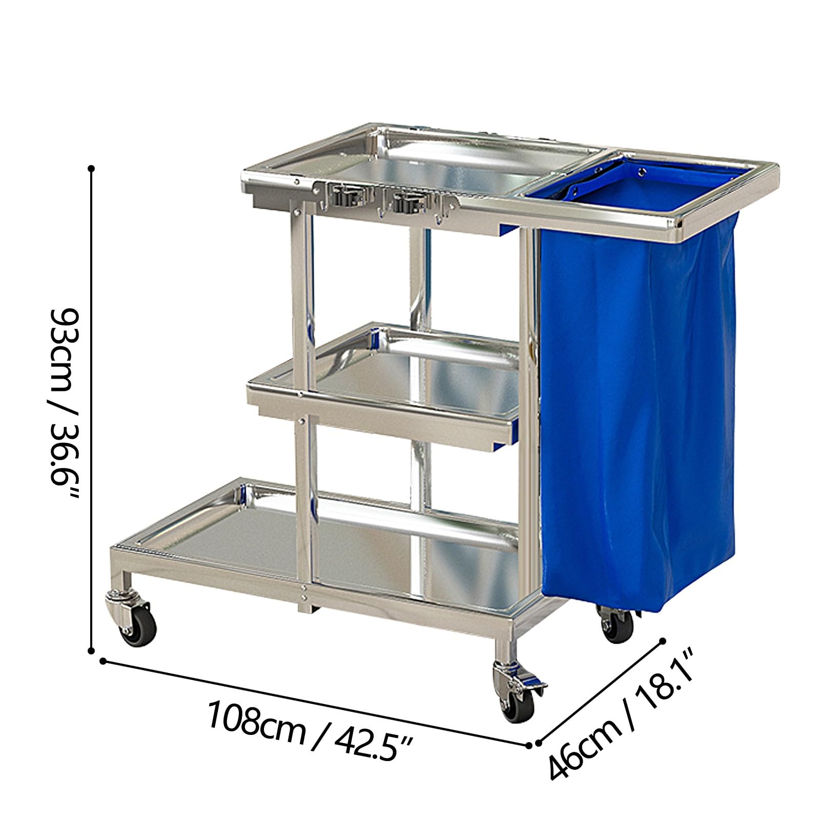 Carrello per la pulizia in acciaio inox resistente, con ruote, colore giallo, per hotel, scuole, ristoranti e centri commerciali, 108 x 46 x 93 cm