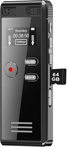 64GB Digital Voice Activated Recorder with Playback - 4552 Hours Audio Recording Device, 3072Kpbs HD Dual MIC Tape Recorder Device for Lecture A-B Repeat, MP3 Player,【64GB TF Card Included】