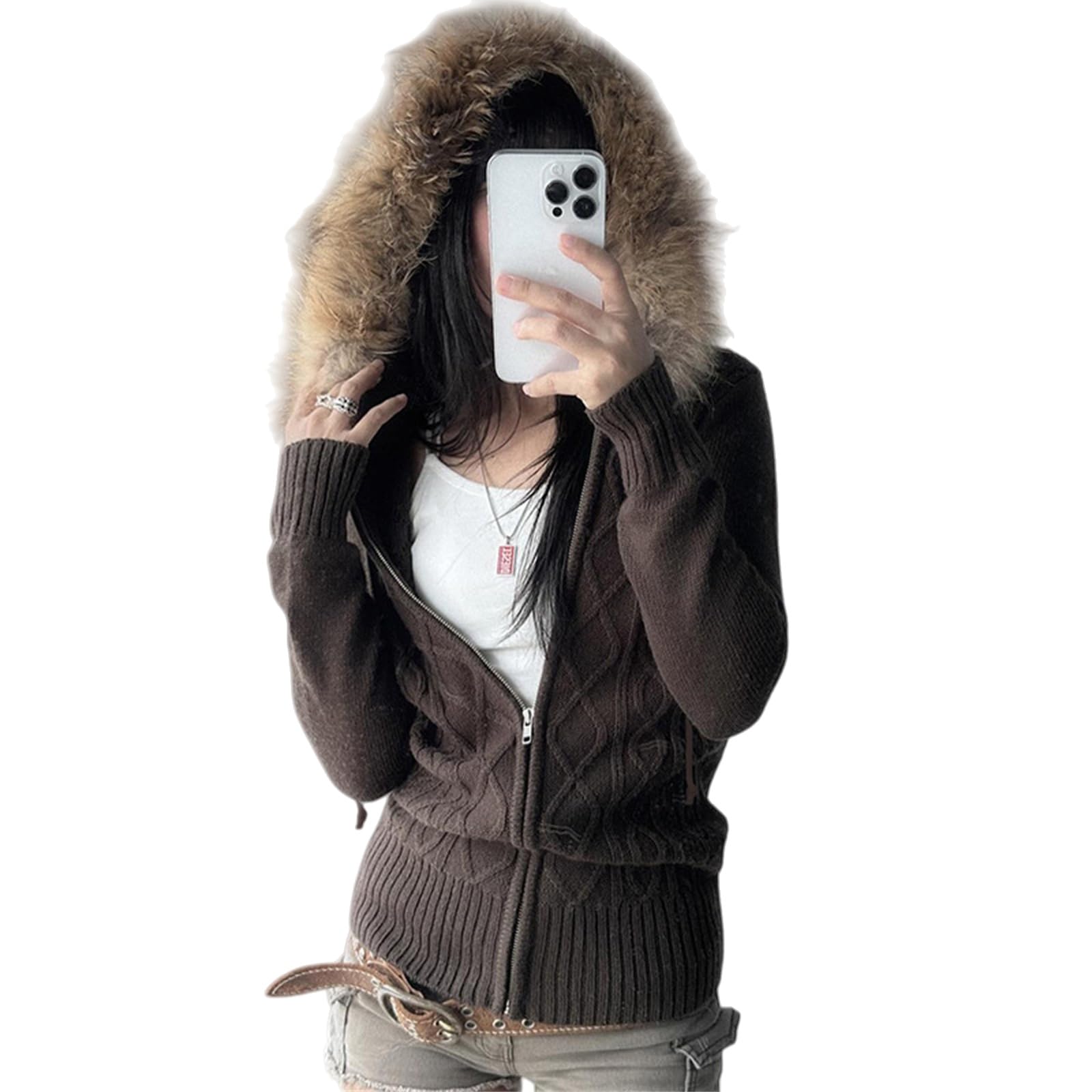 Generisch Damen-Strickjacke Mit Zopfmuster Und Kapuze – Y2k Slim Fit Strick-Hoodie Mit Fellbesatz Und Reißverschluss