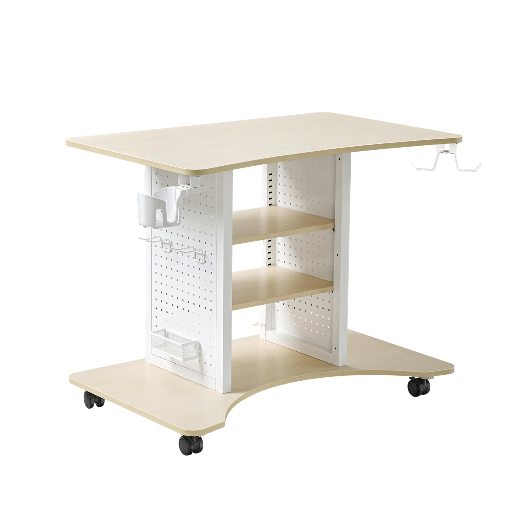 EUREKA ERGONOMIC Gaming Desk Computer, 37" Rolling Desk on Wheels for Small Space, Mobile Computer Cart with Pegboards Adjustable Shelves for Gaming PS Switch, Craft Station, Home Office - Maple