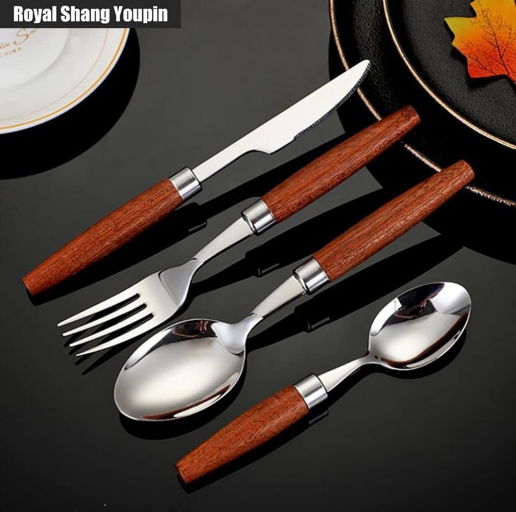 Unique Wooden Handle Kitchen Stainless Steel Silverware Tableware Flatware Cutlery Set Steak Knife Fork Spoon Teaspoon (Silver,16 pieces)