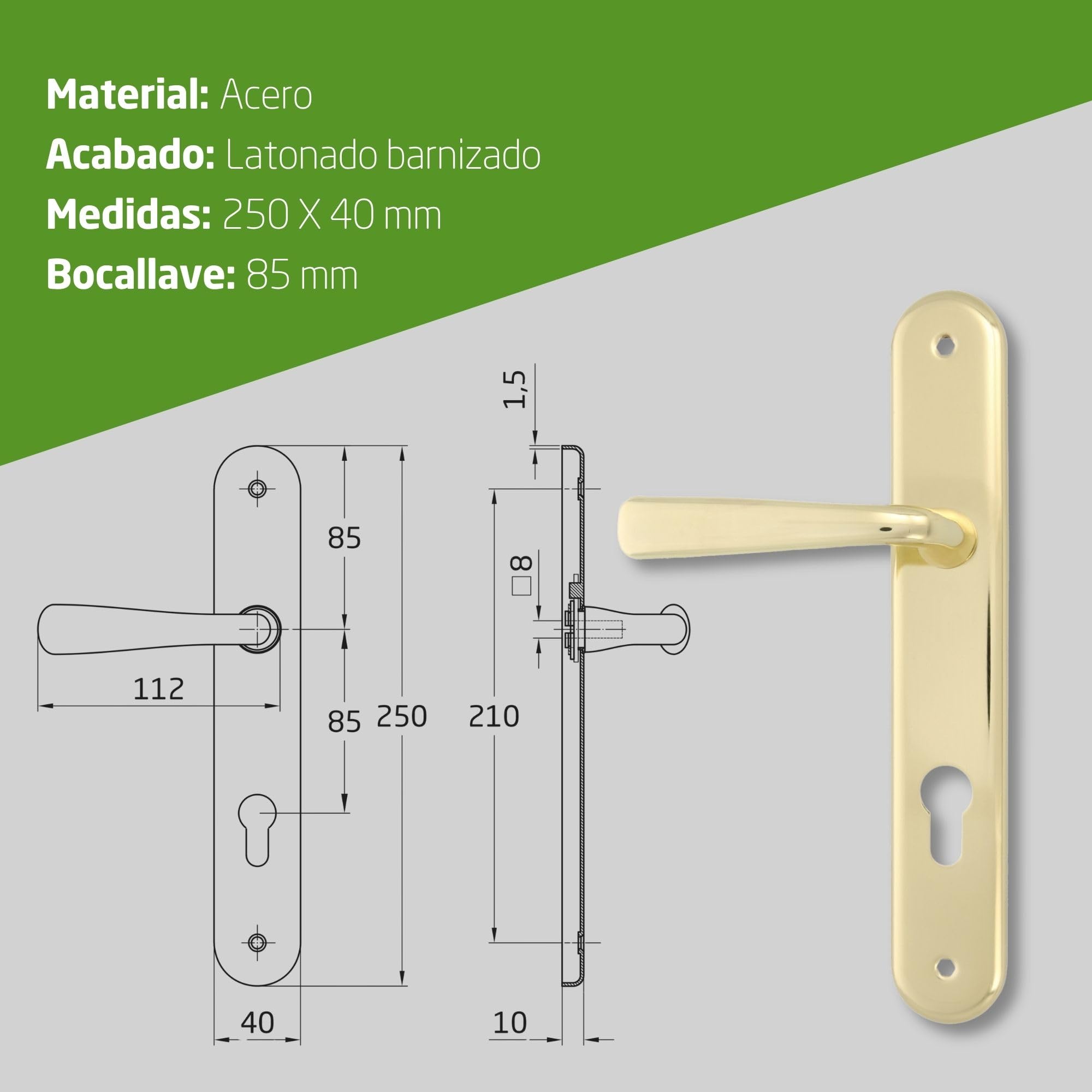 Amig - Juego de Manillas de Placa de Latón, Modelo 252PB85, Medida: 250 X 40 mm, Cuadradillo de 8 mm, Resistente a la Corrosión, Incluye tornillería, Acabado: Latonado Barnizado