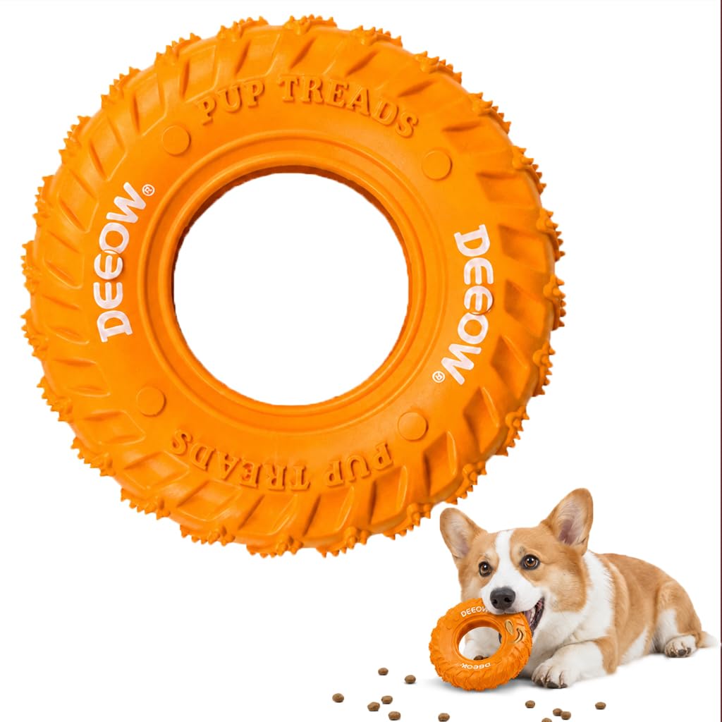Deeow Dog Chew Tire Toy, Natural Rubber Puppy Teething Ring 6.3'' Orange