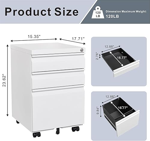 Miniatura 3 de Archivador de 3 cajones, archivador debajo del escritorio con cajones, archivador de metal, pequeño archivador debajo del escritorio, archivador