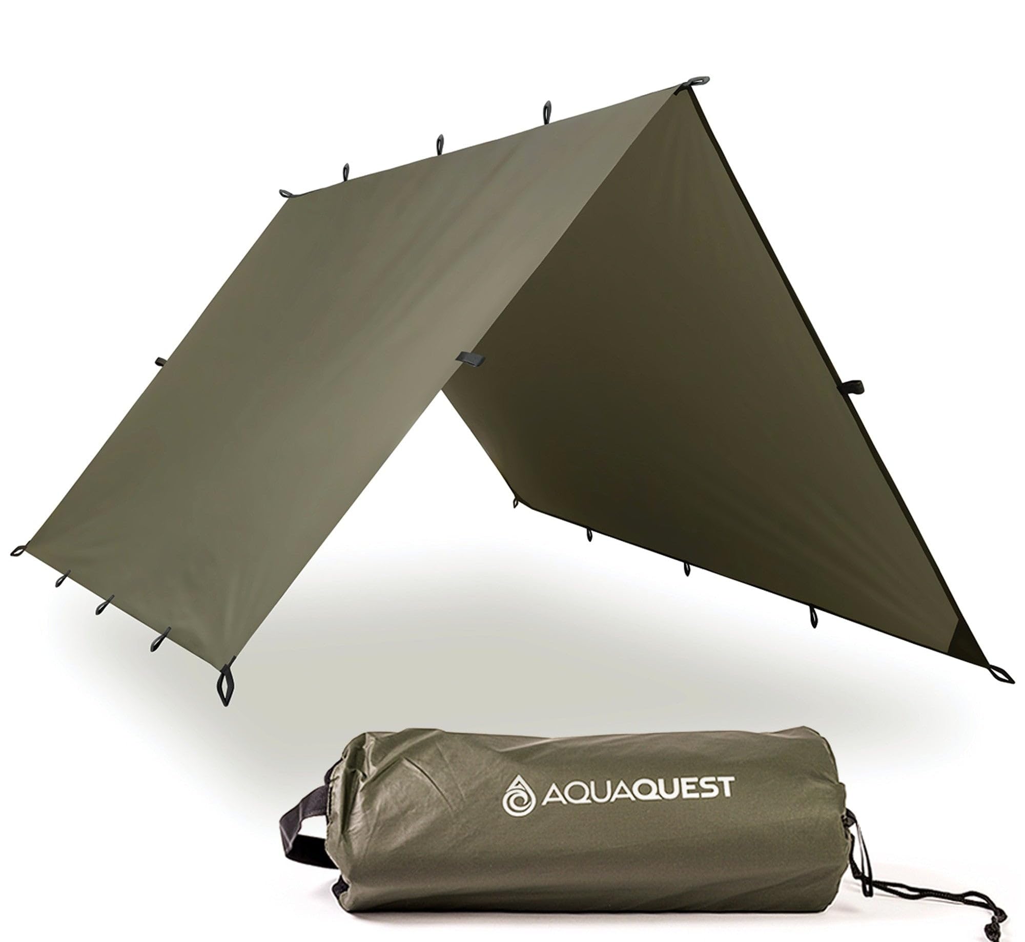 Aqua Quest Safari Tarp - 100% Waterproof Lightweight SilNylon Bushcraft Camping Shelter - 10x7, 10x10, 13x10, 20x13 Olive Drab or Camo