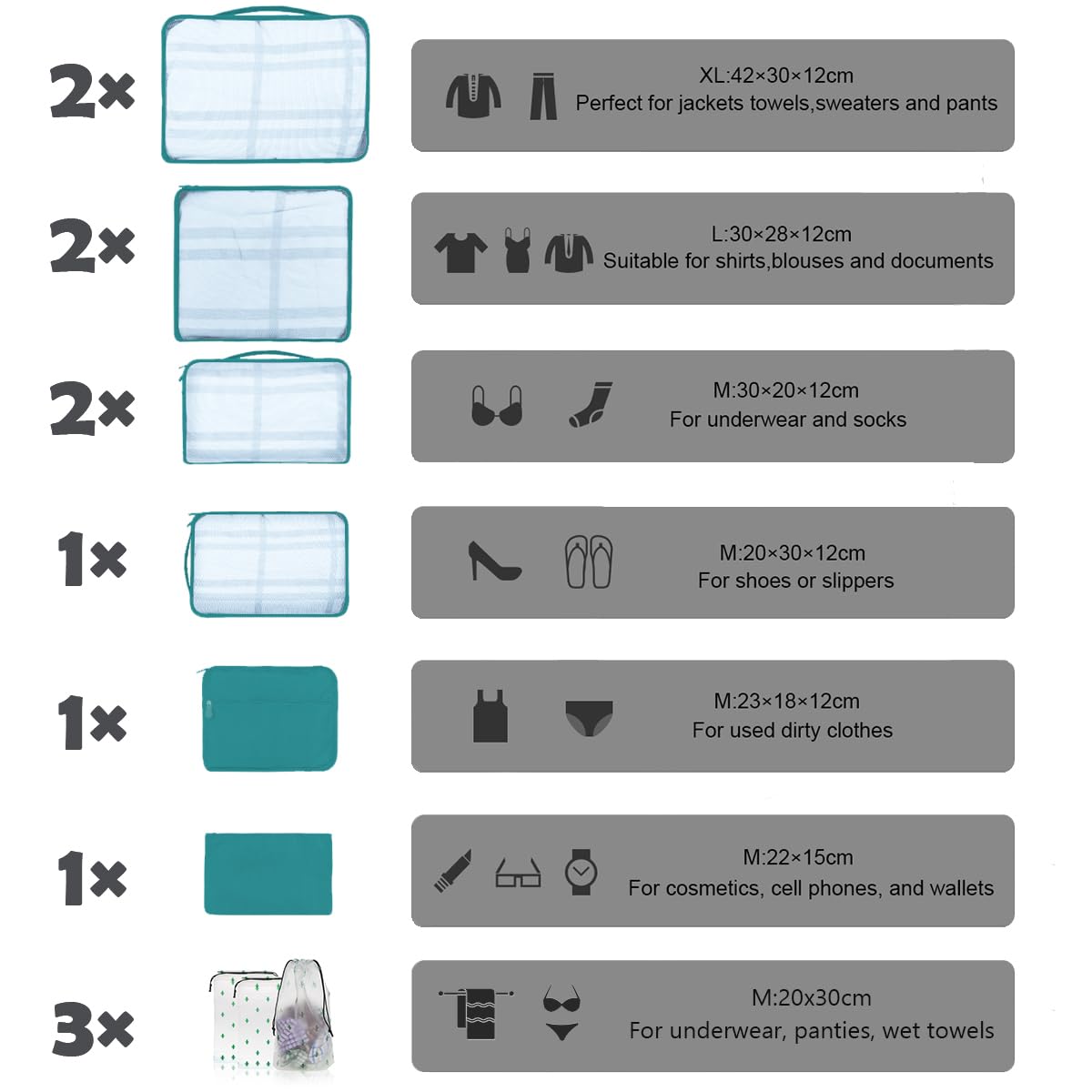 12 cubos de embalaje grandes para maletas, varios tamaños, bolsas organizadoras de maletas, bolsas organizadoras de equipaje ligeras e impermeables, azul celeste, L