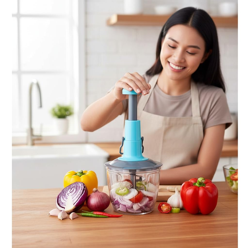 Extra Large 800ml Manual Hand-Press Vegetable Chopper - 4 Stainless Steel Blades for Onion, Salad, Tomato, Potato & More - Quick Push Chopper Mixer Cutter-image-40