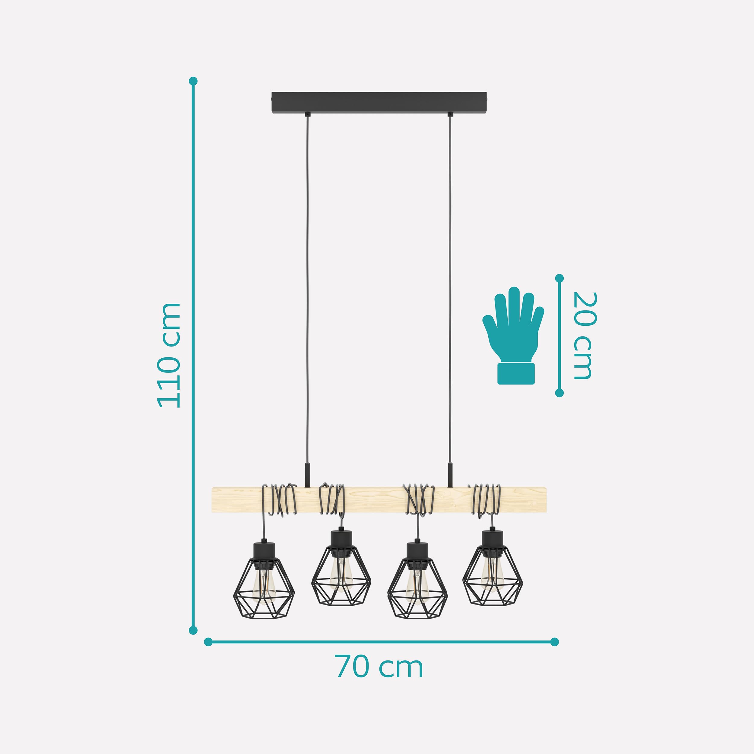 EGLO Lampa Wisząca Townshend 5 - 4-Światłowa Vintage w Stylu Industrialnym, Retro Wykonana ze Stali i Drewna, Czarna, Brązowa, Certyfikat FSC, E27