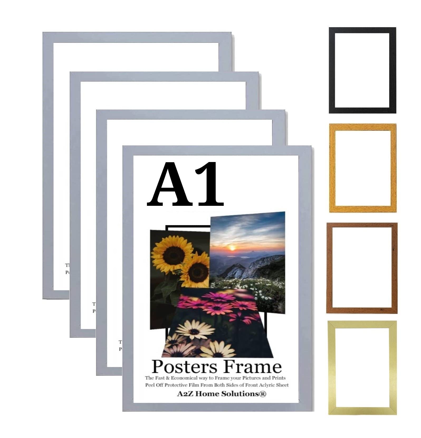 A2Z Home Solutions® Multipack Light Grey A1 Poster Frames 59.4 x 84.1 cm With Safe Clear Perspex Front & Wall Mounting A1 Frames In Multiple Colors MDF Backboard Portrait or Landscape (4)