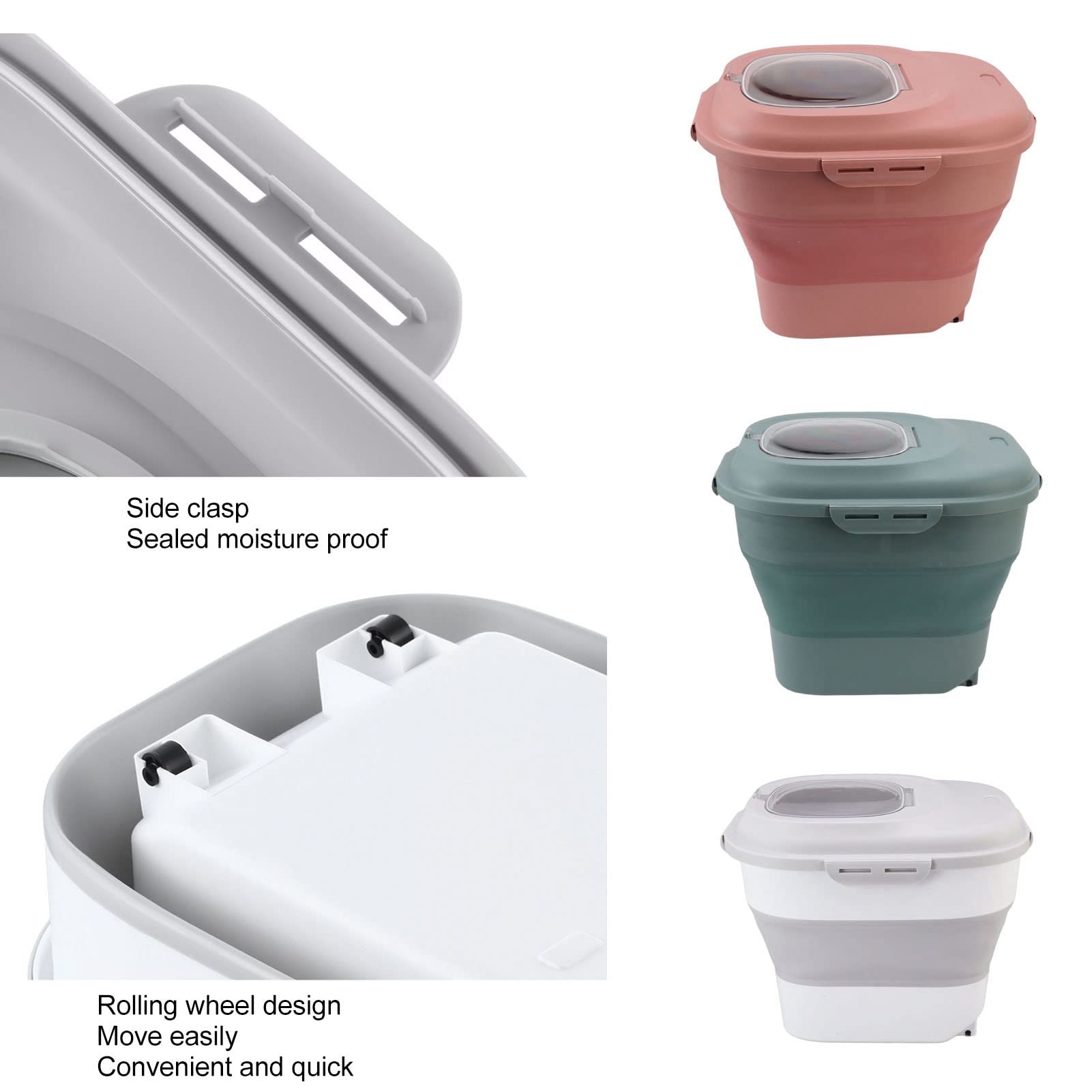 Contenedor de Granos de Alimentos, Contenedor de Arroz Sellable Plegable de Gran Capacidad para el Hogar con Taza Medidora para Nueces (Rosa)