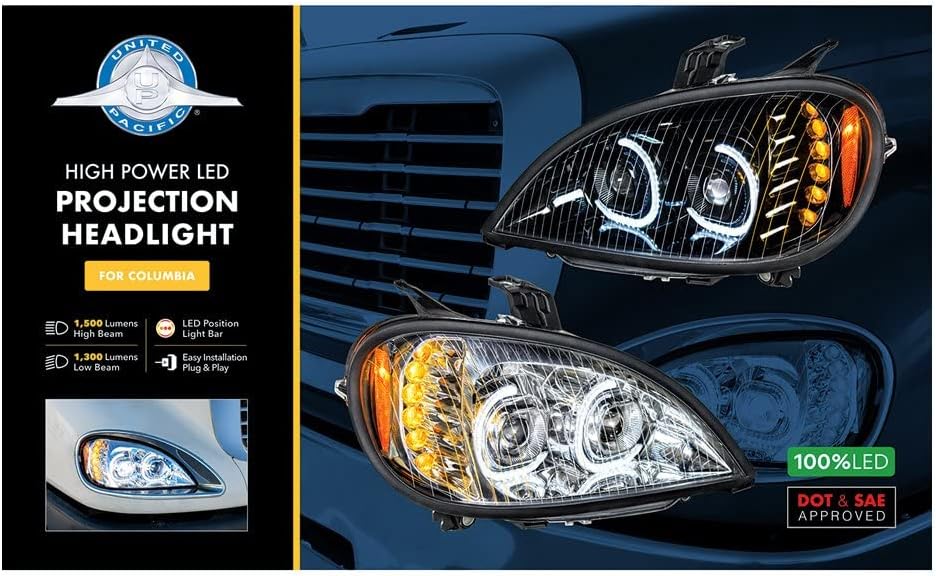 United Pacific Black Led Projection Headlight Assembly for 2001-2020 Columbia Passenger Side, High/Low Beam, With Led Signal