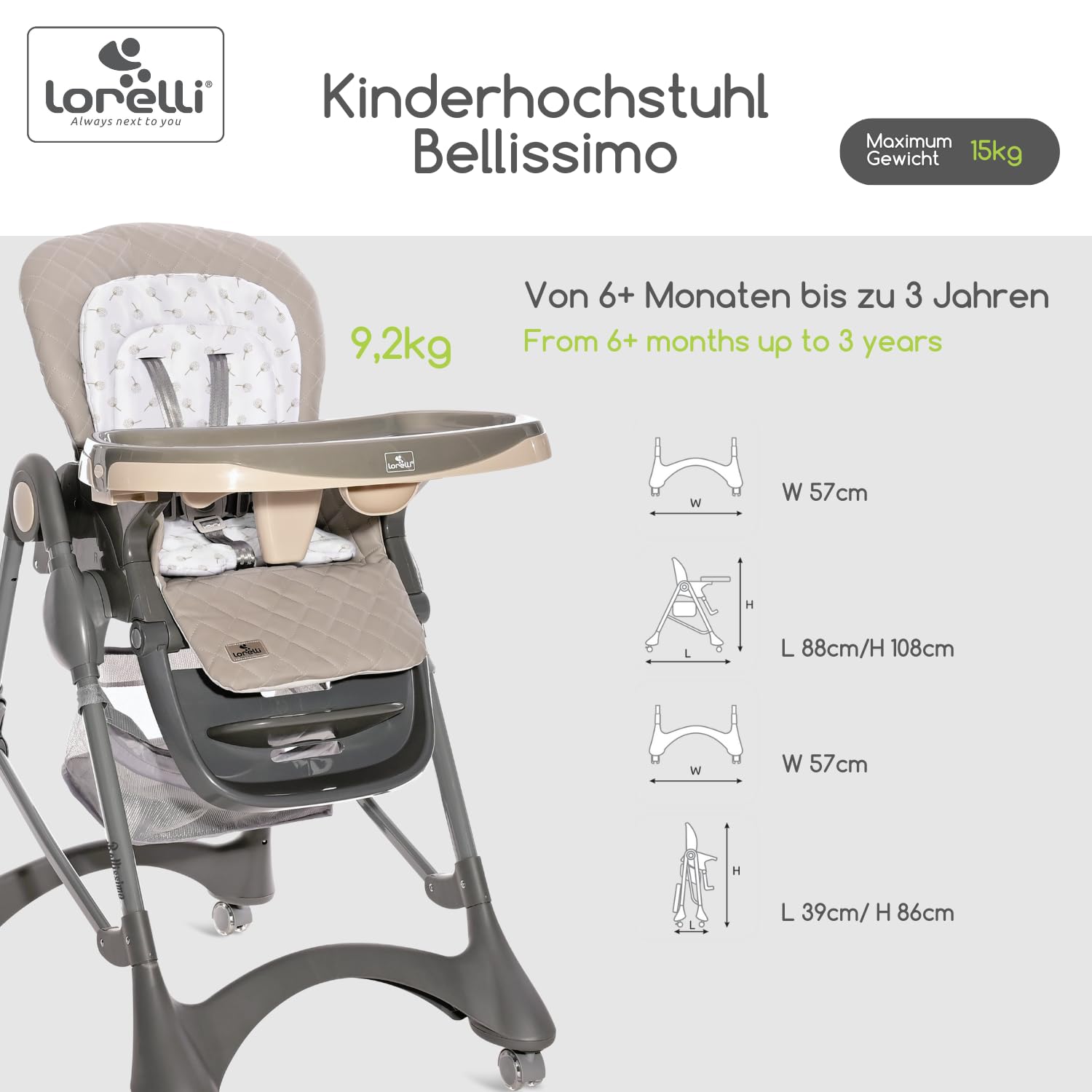 Lorelli Bellissimo krzesełko dziecięce rosnące wraz z dzieckiem, składane, regulowane wysokie krzesło z pasem bezpieczeństwa, podwójna taca, kosz, rolki i obicie ze skóry PU, beżowe