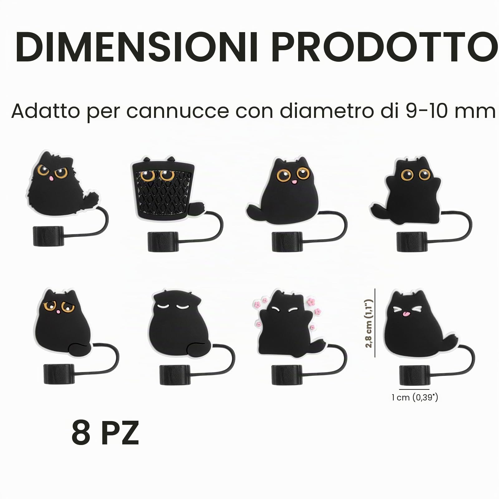 8 Pezzi Cappuccio Cannuccia Stanley 10 mm, Cappuccio Cannuccia Compatibile 9–10 mm, Accessori Stanley Cup, Protezione Cannuccia Antipolvere, Motivo Gatto, Riutilizzabile per Borraccia e Uso Esterno