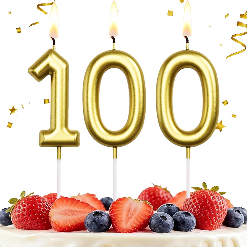 Hlwgfjdy Gold 100Th Birthday Candles Number 100 Cake Topper Happy Birthday Cake Decorations For 100Th Birthday Party, Candles For Birthday Anniversary Celebration Party Supplies（Large Size）