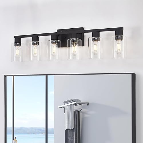 Miniatura 8 de Lámpara de tocador de baño, 4 lámparas, lámpara de tocador moderna negra, apliques de pared con pantalla de vidrio transparente para espejo de baño,
