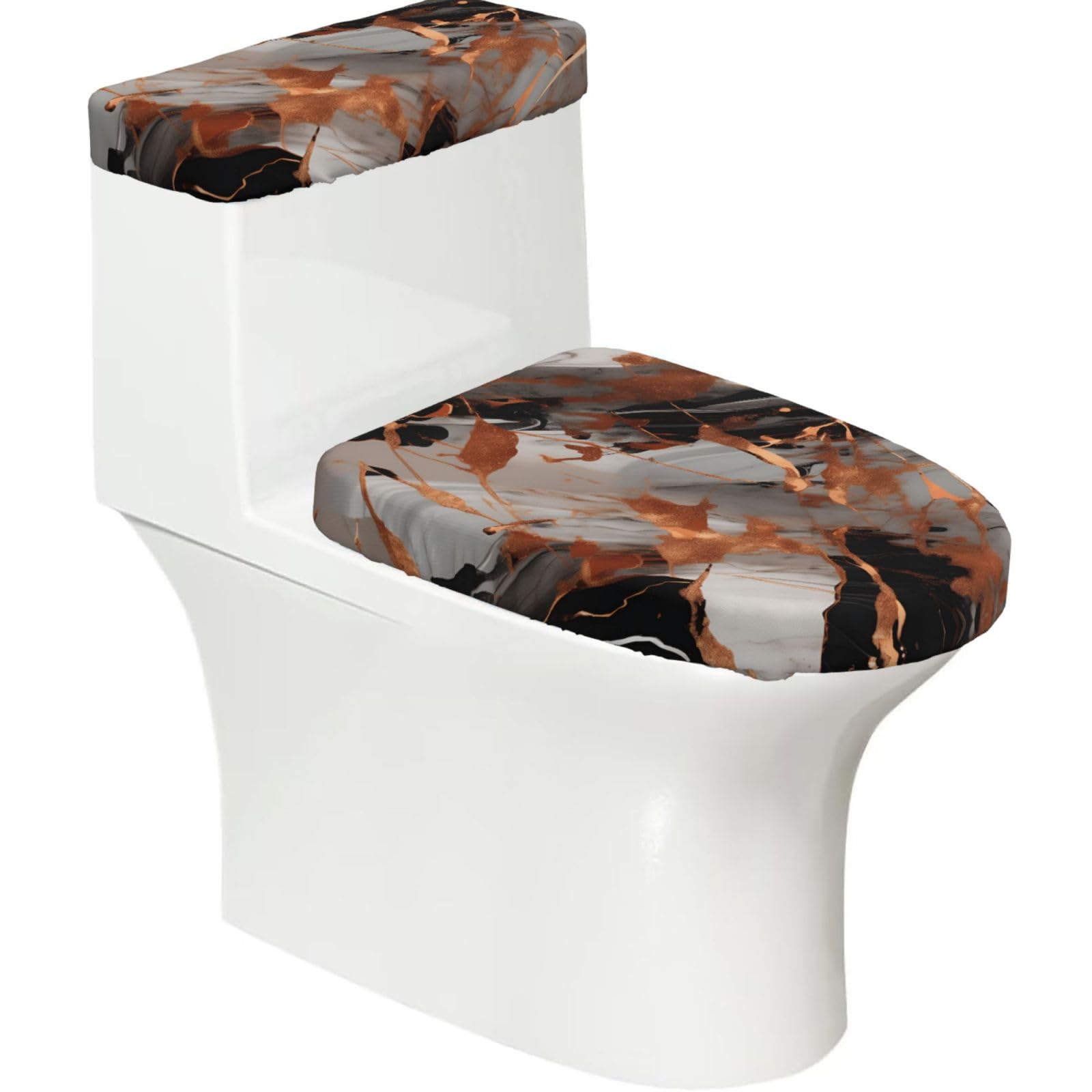 Flghjnbjn Black Marble Texture Copper Splatter Printed Toilet Tank And Lid Cover Set Of 2 For Most Bathrooms, Fits Elongated Round Toilets