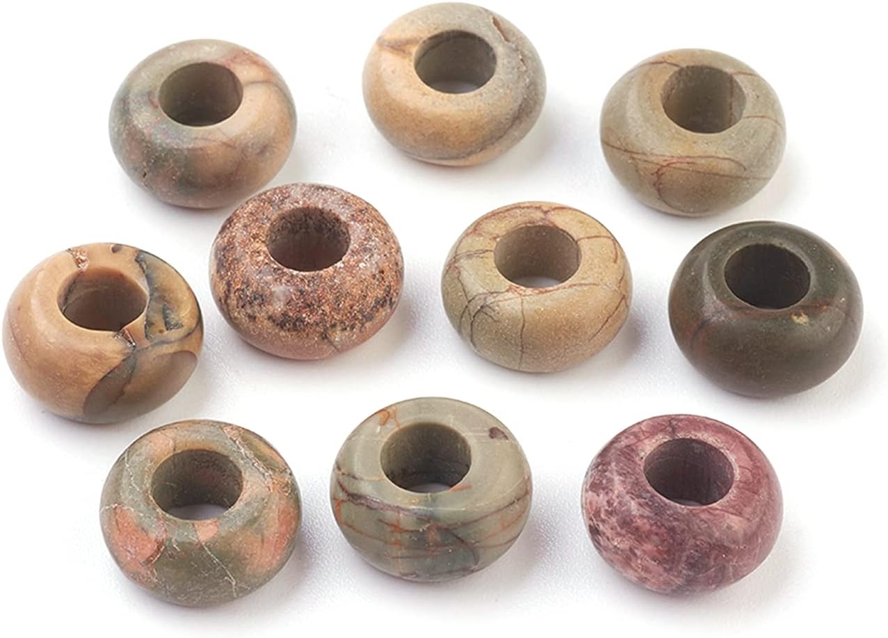 Craftdady 50Pcs Natural Picasso Jasper Gemstone Beads Large Hole Rondelle Energy Healing Chakra European Stone Beads 12x6mm for Leather Bracelet Jewelry Making, 5mm Hole