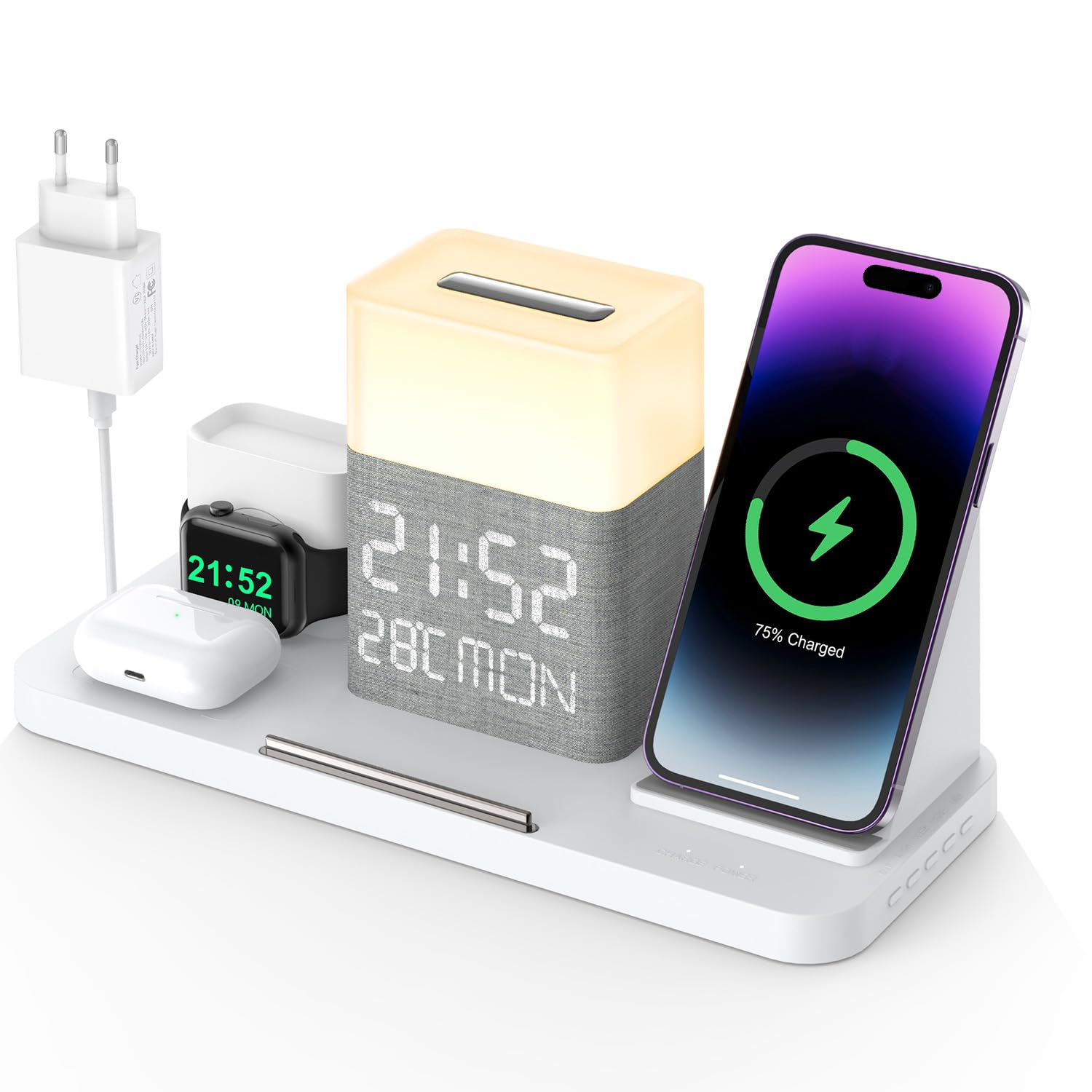 6 in 1 stazione di ricarica con orologio, caricatore wireless con luce notturna, temperatura Bluetooth TimeSync, adattatore 30W, stazione di ricarica rapida per iPhone 15/14/13/12 e Earbuds & iWatch