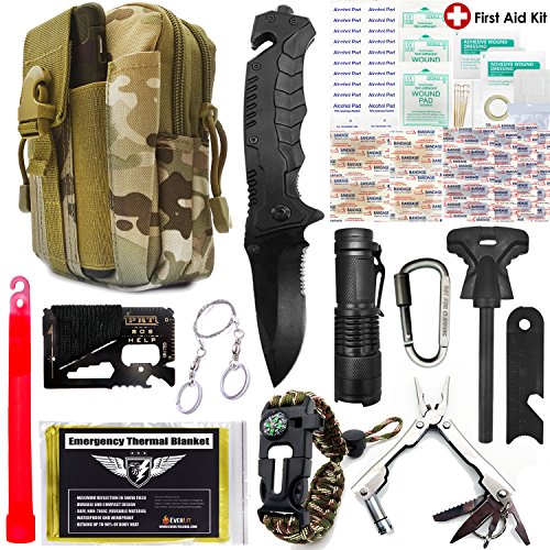 EVERLIT Emergency Survival Kit Gen II Gear Tool First Aid Kit SOS Emergency Tactical Flashlight Blanket Bracelets Compass with Molle Pouch for Camping Adventures (CP)