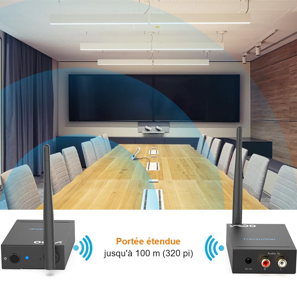 YMOO Wireless émetteur-récepteur de Transmission Audio 2,4 GHz, Adaptateur Audio Jack RCA 3,5 mm, Faible Latence 20ms, stéréo HiFi 48 kHz/24 Bits pour TV/PC vers Caisson de Basses/Haut-Parleur/ampli