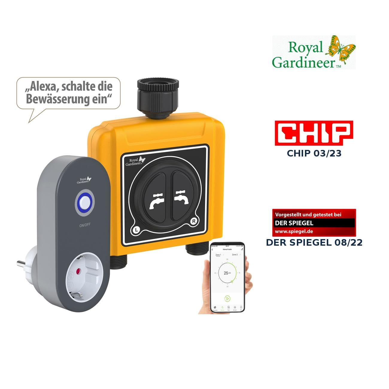 Royal Gardineer WLAN programmatore irrigazione WiFi a 2 zone con gateway e controllo tramite app, IP54