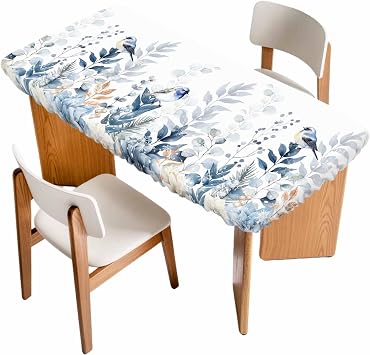 3ft Waterproof Fitted Tablecloth for Rectangle Tables,Blue Poinsettia Watercolor Leaves Bird Table Cover with Elastic Edge,Eucalyptus Leaf on White Tables Protector for Indoor Outdoor Party Picnic