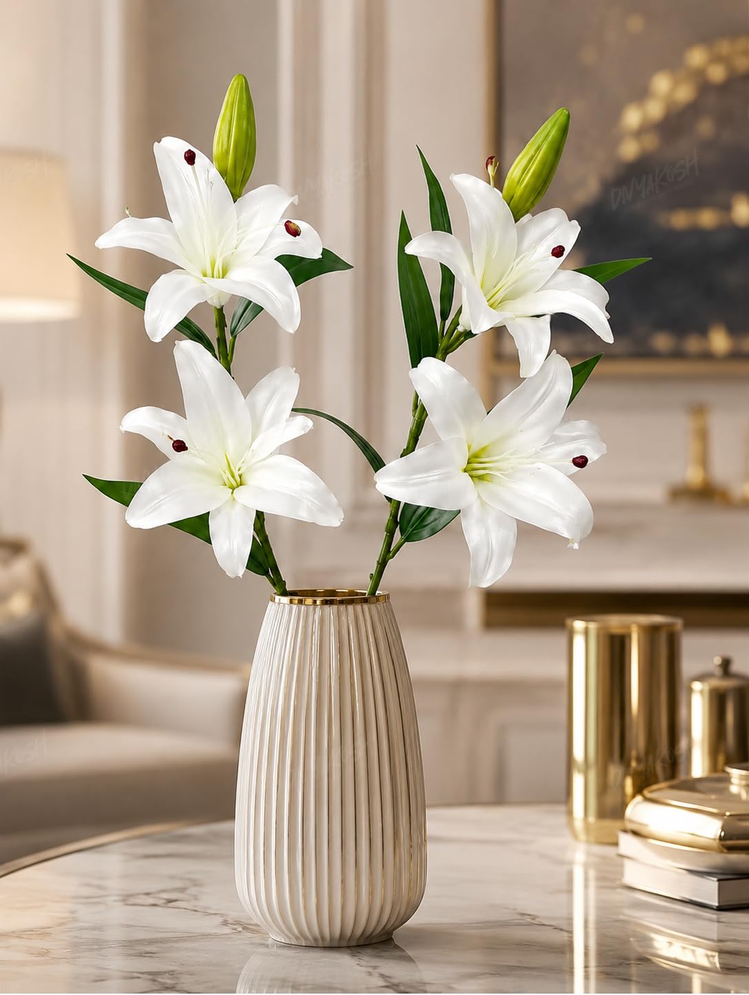 Divyakosh White Lily (Pack of 2 Sticks - 4 Lily Heads), Artificial Flowers Bunch (Vase Not Included). Artificial Flower for Vase, Flower Bouquet Gift, Living Room, Office & Centerpiece Décor