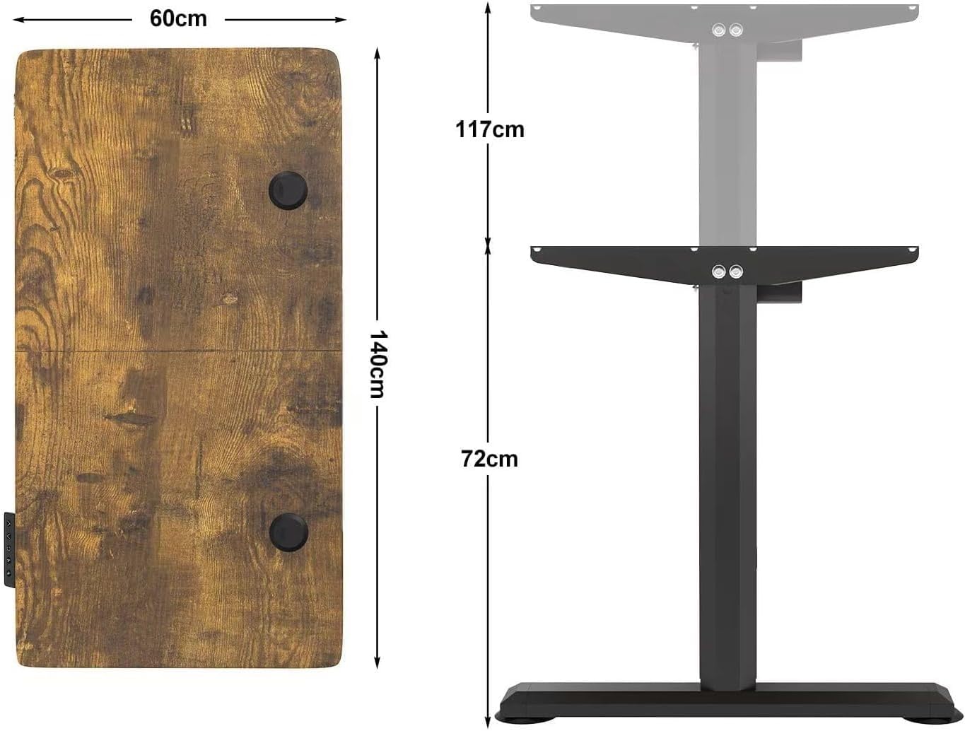 Diagram showing the dimensions of the Devoko standing desk: 140cm length, 60cm width, and adjustable height from 72cm to 117cm.