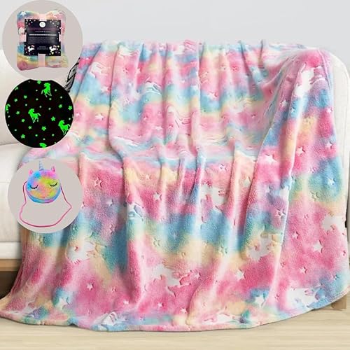 Manta de unicornio que brilla en la oscuridad para niñas, cuerpo cruzado de unicornio, arco iris rosa, suave, acogedora, esponjosa, tamaño 60 x 50,