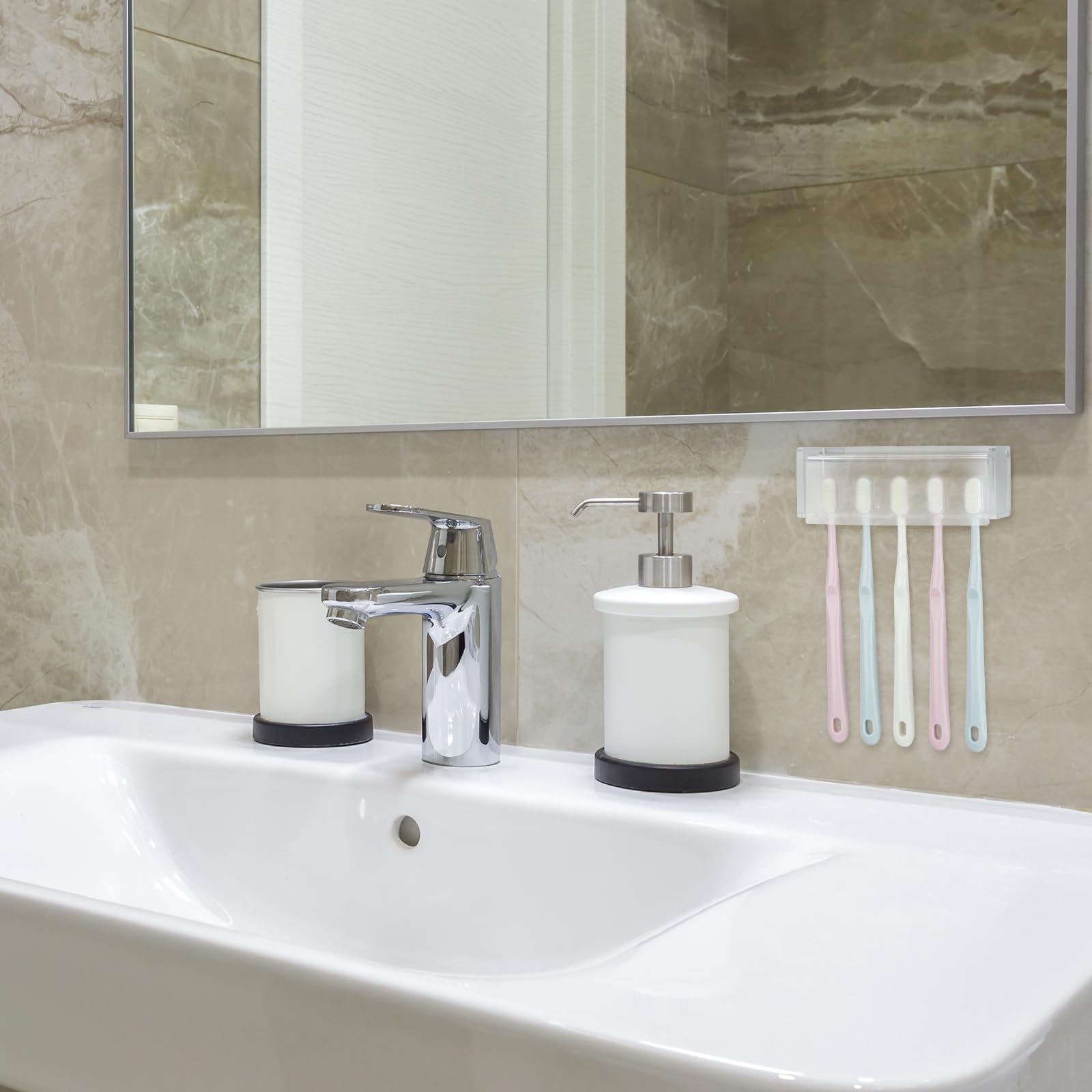 Soporte para cepillo de dientes de pared con 5 ranuras, organizador de almacenamiento autoadhesivo para ducha, colgador de cepillos de dientes para baño, botiquín, dormitorio (escarchado)