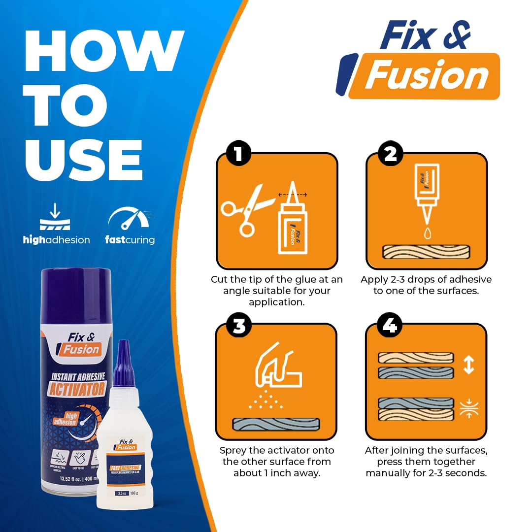 FIX & FUSION Set Colle Super Glue (100 g) et Activateur Spray (400 ml) | Adhésif Cyanoacrylate Rapide & Activateur Instantané pour Bois, Plastique, Caoutchouc, Métal & Bricolage, Réparations (12 Pack)