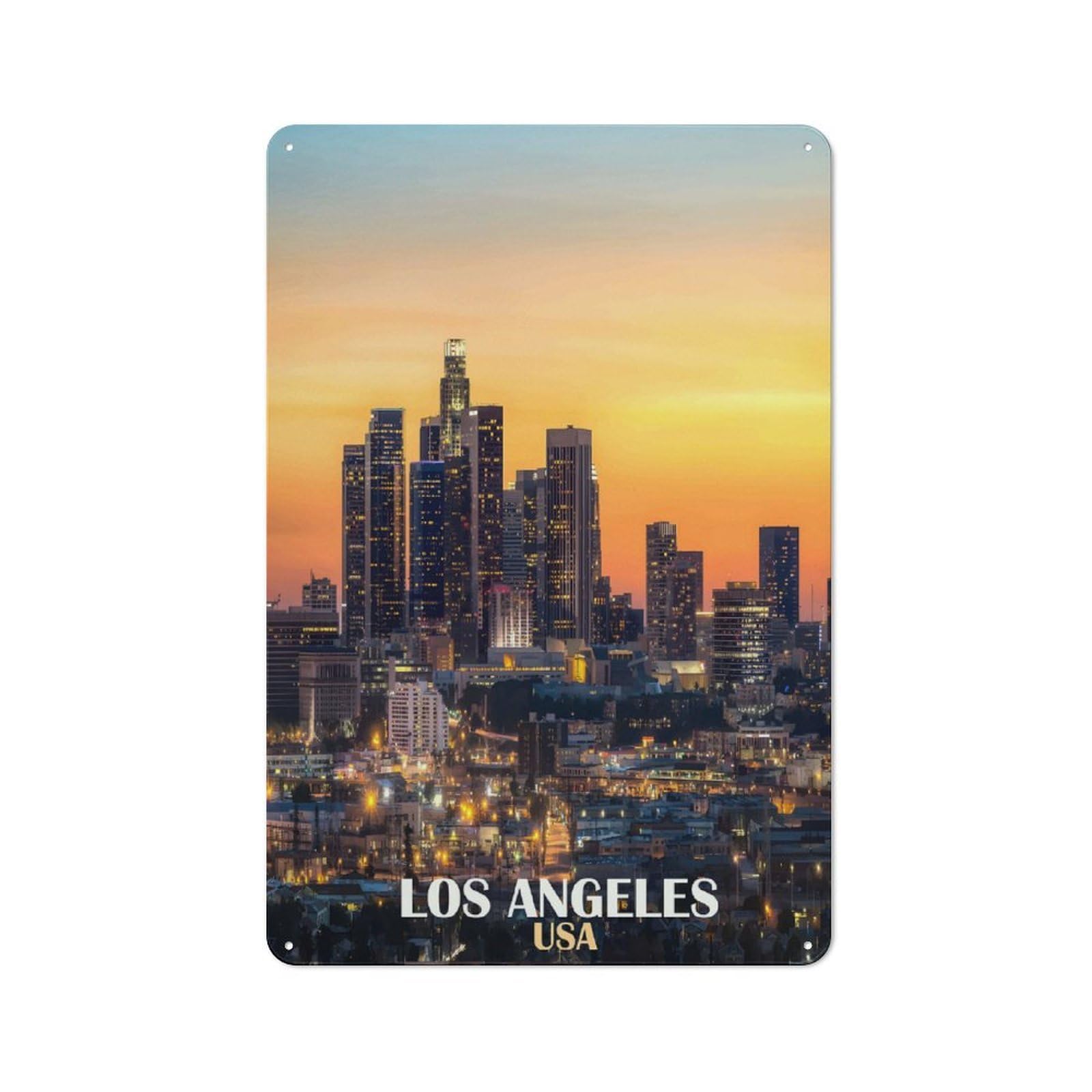 Junmoney Style-10 Los Angeles Skyline At Sunset(2) Vintage Metal Plaque 30X20cm For Hobby Room Or Studio, For Kitchen, Dining Room And Home Bar Wall Decor