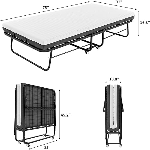Miniatura 3 de Cama plegable con colchón de espuma viscoelástica, cama plegable de 75 x 31 pulgadas para adultos, cama plegable con marco de metal portátil que