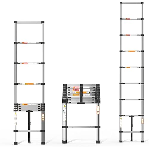 Telescoping Ladder, 8.5ft Stainless Steel Extension Ladder, Anti-Slip Rubber Feet Portable Heavy Duty Ladder 330lbs Max Capacity Lightweight Ladder Multi-Purpose Collapsible Ladder for Outdoor Indoor
