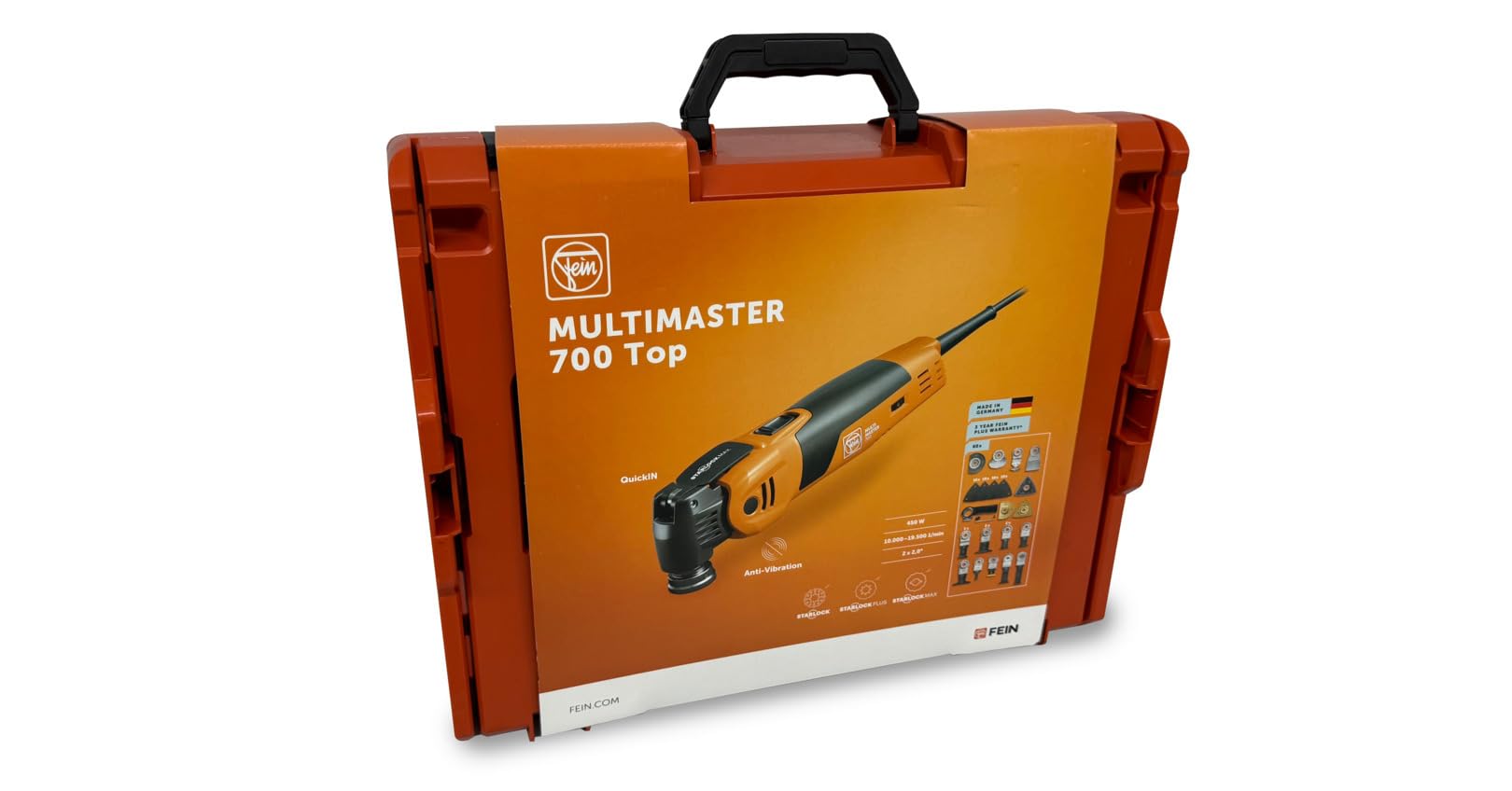 FEIN Multimaster MM 700 Max Top,MultiTool puissant rapide avec plus de 60 accessoires, Motor FEIN 450 W, système anti-vibration, Porte-outil StarlockPlus, Changement d’accessoire QuickIN