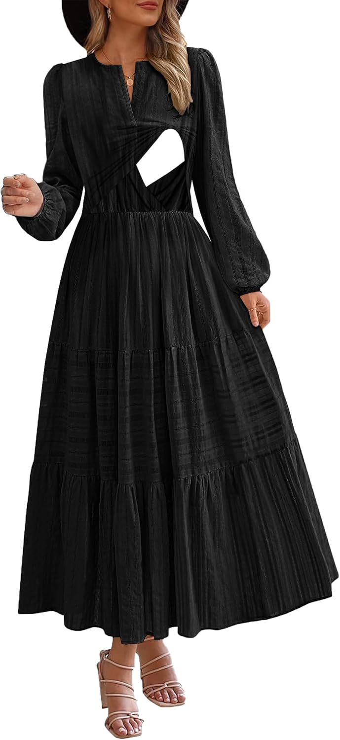 CzzzyL Nursing Fall Dresses for Women Puff Long Sleeve V Neck Tiered Wedding Guest Maxi Dress with Pockets