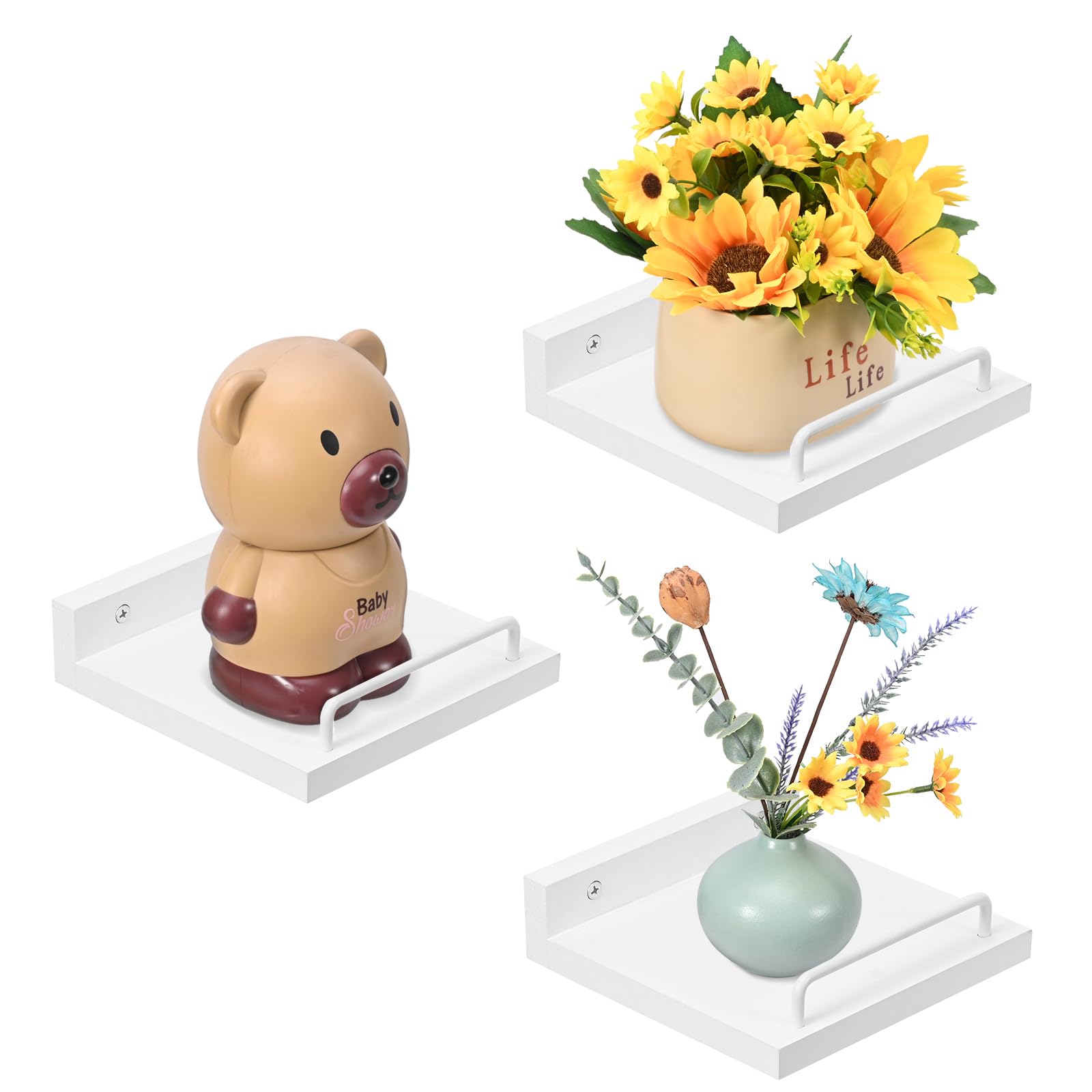 Estanteria Pared de Madera, Juego de 3 Estantes de Pared, 15 cm Estantes Colgantes con Hierro Forjado, Decoración de Estanteria Pequeña, Sala de Estar, Oficina en Casa, Baño, Cocina (Blanco)