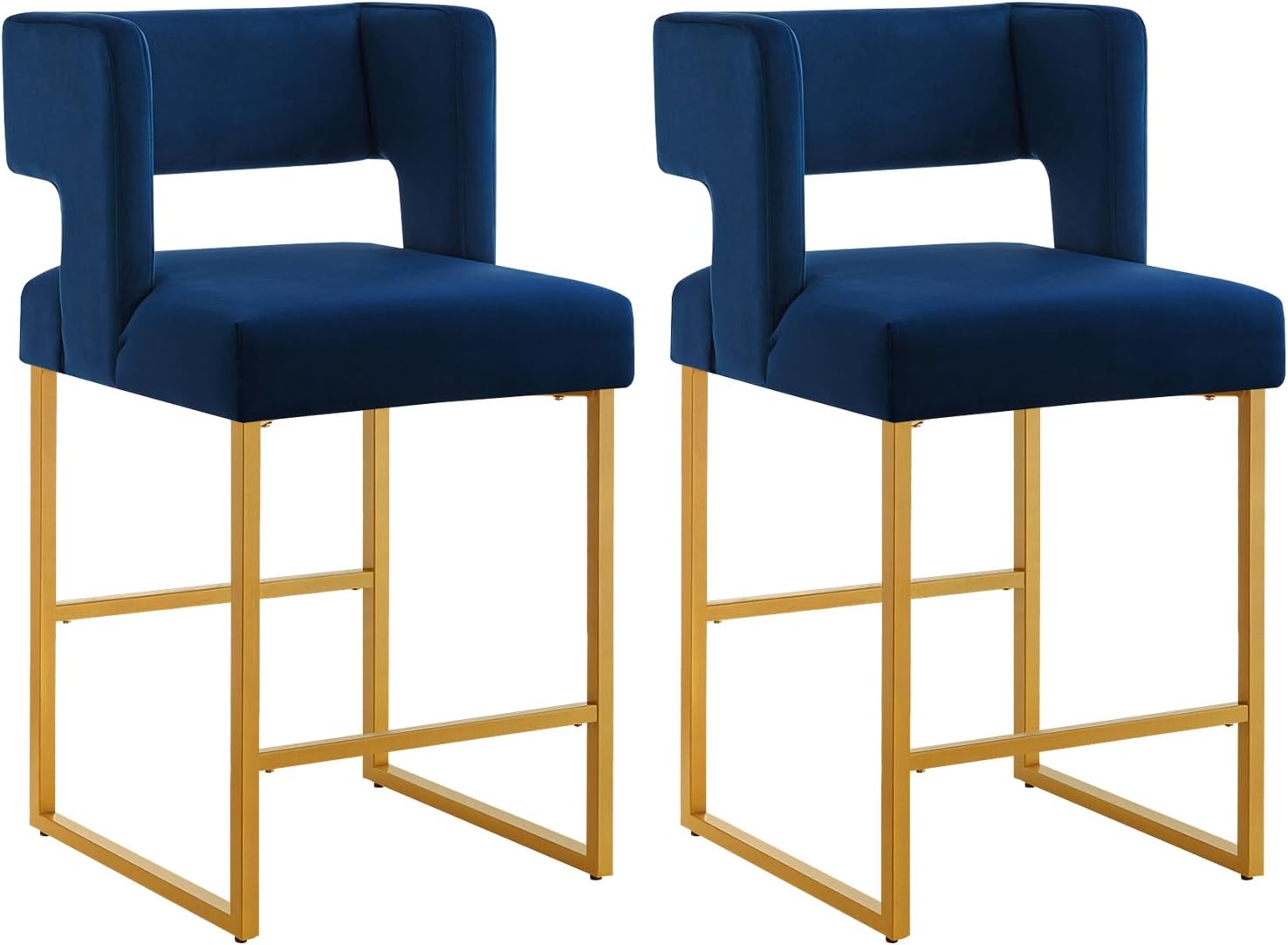 26 Inch Counter Height Bar Stools Set of 2 with Velvet Cushion and Back Modern Bar Chairs for Kitchen Island Counter Stools with Metal Leg for Restaurant Dining Room Office, Navy Blue and Gold