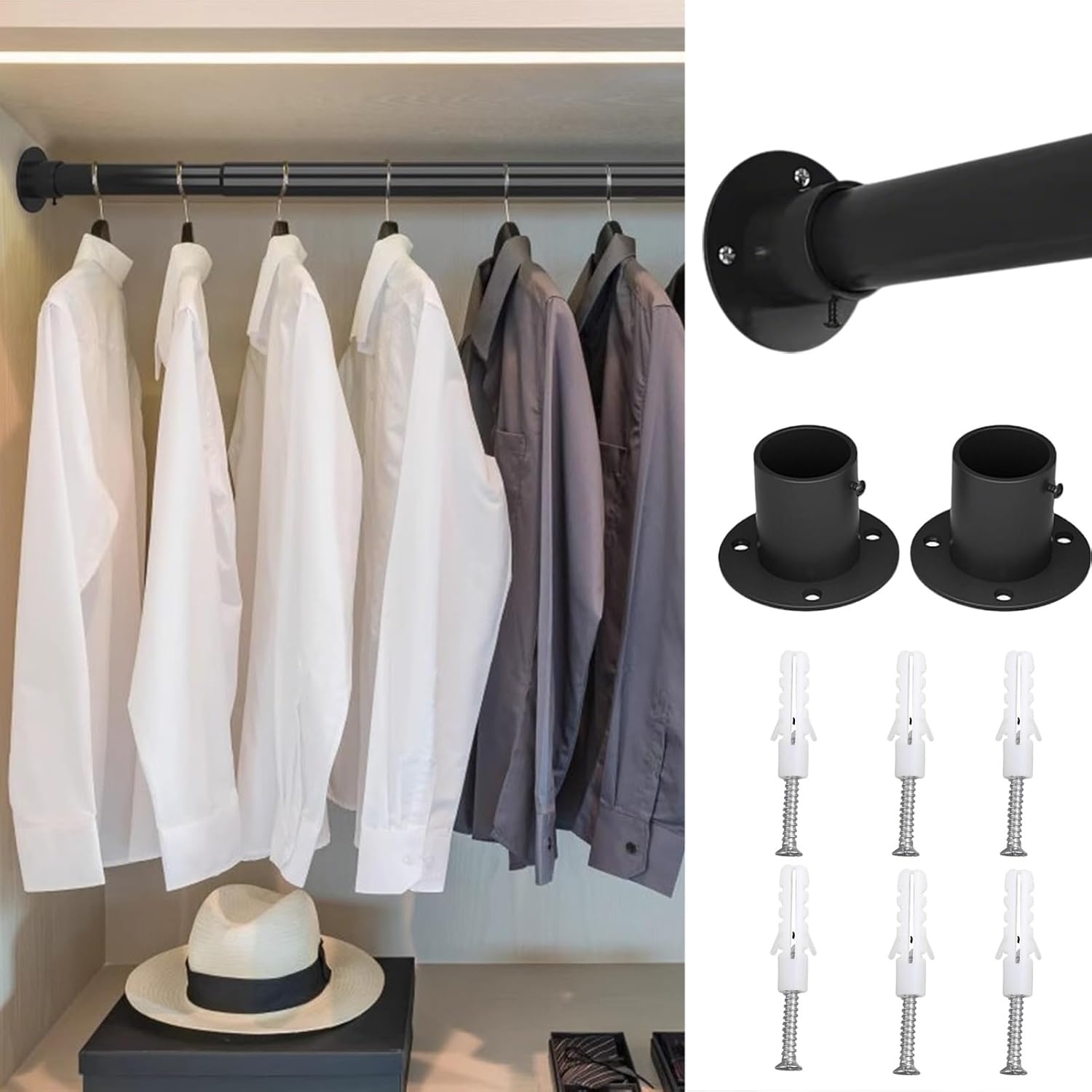 Adjustable Wall Mounted Tension Rod, 55-75cm Closet Rod with Bracket & Screws, 2.7cm Diameter Curtain Hanger Valet Bar - Sleek Black Design
