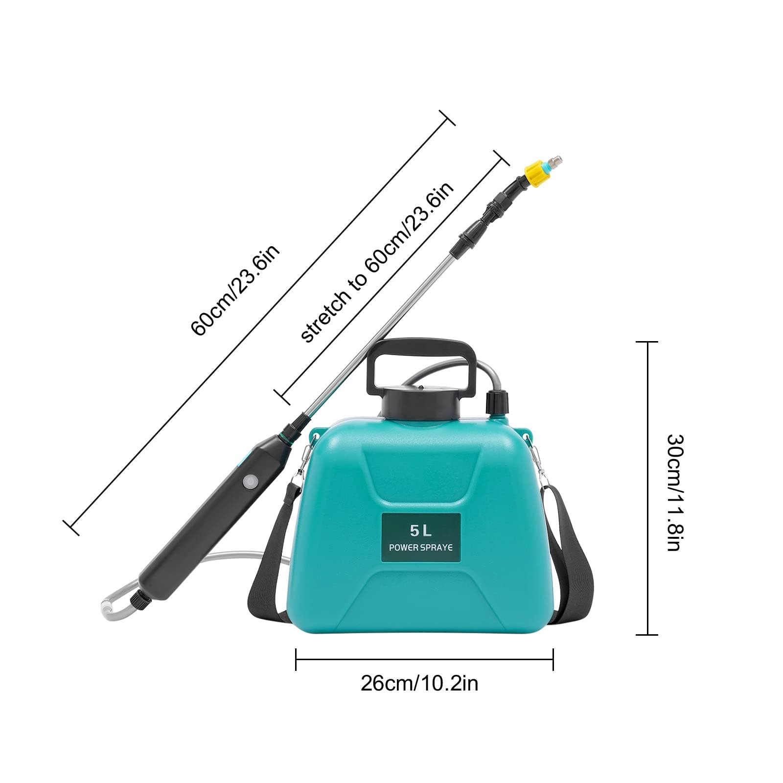 Spruzzatore da giardino a batteria da 5 l, con batteria ricaricabile da 2400 mAh, tracolla e bacchetta telescopica per prato, patio e pulizia