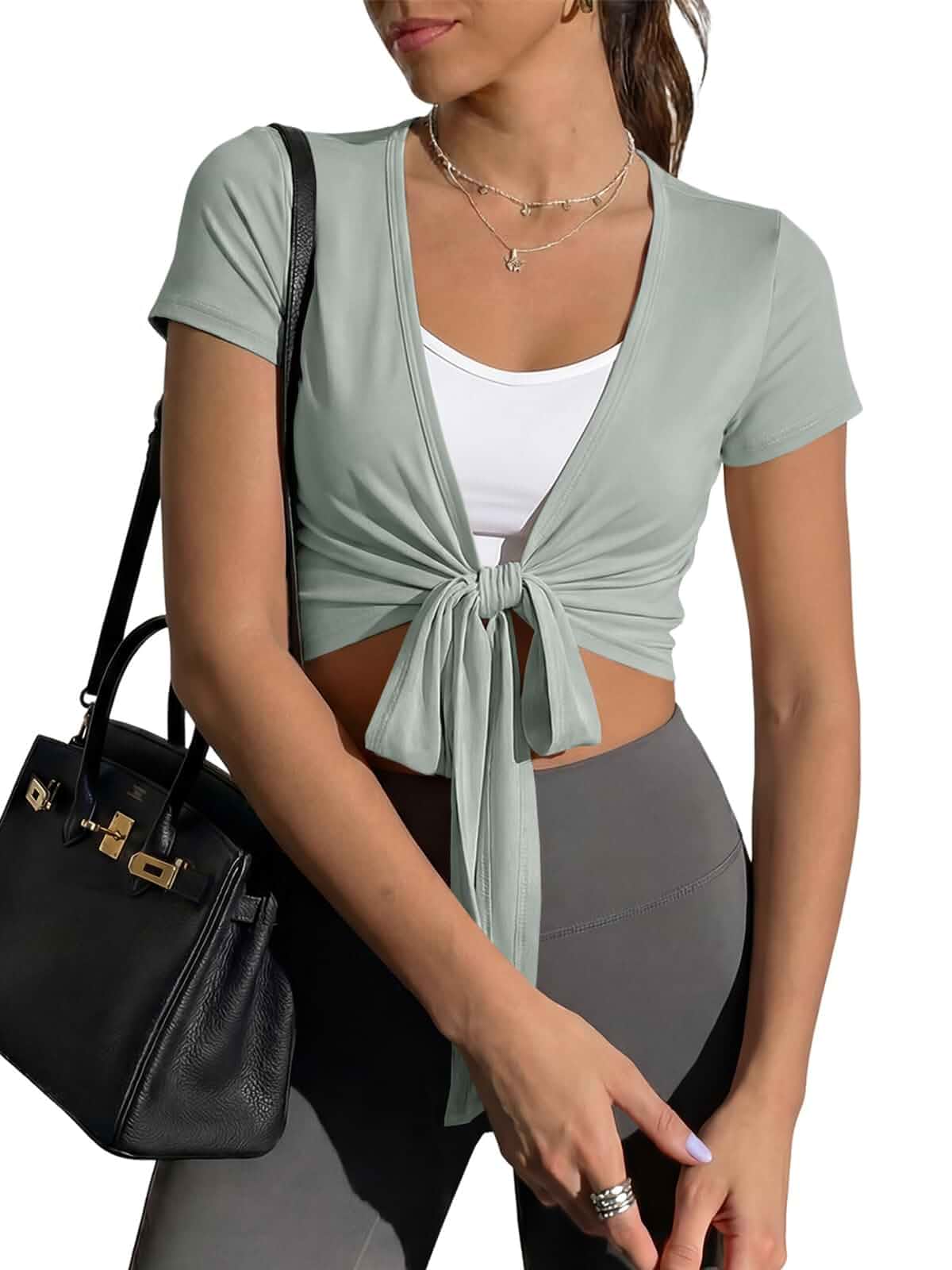 Fisoew Womens Workout Crop Tops Casual Wrap Tie Short Sleeve Loose Shirts Ballet Pilates Yoga Active Tee Tops Short Sleeve