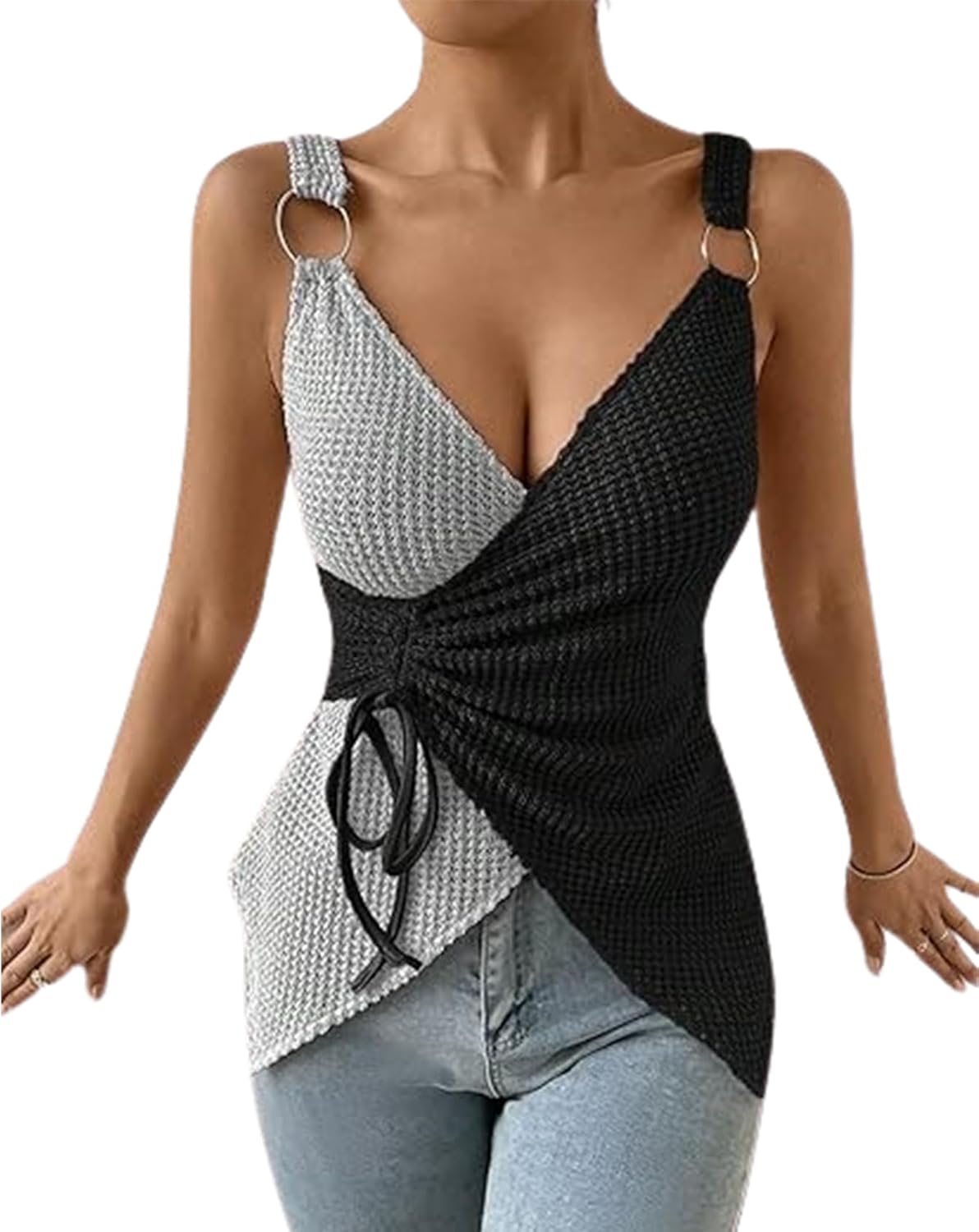 Chvity Womens Sleeveless Tops Color Block Waffle Knit Tank Tops Drawstring Asymmetrical V Neck T Shirts Slim Fit Western Tops