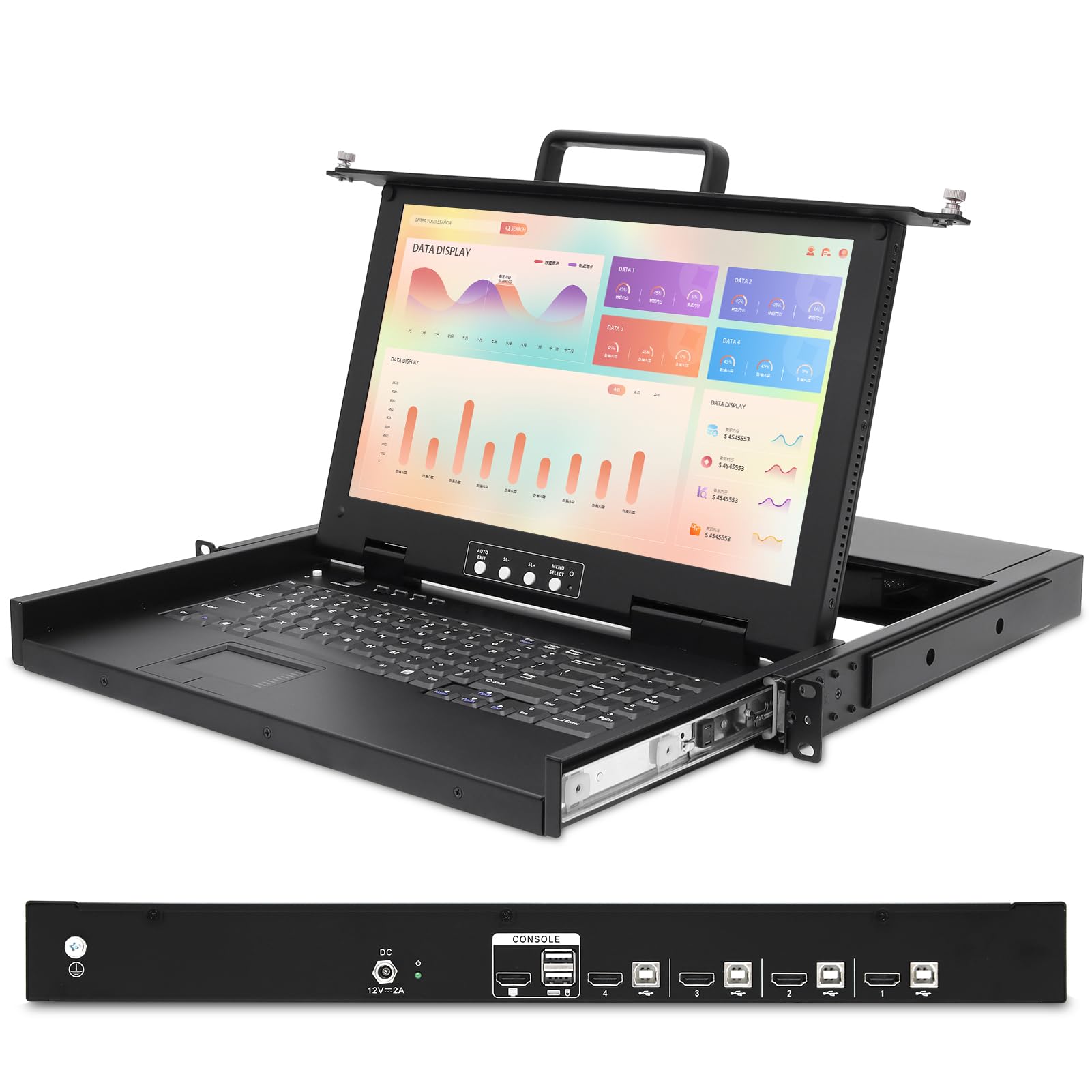 Console KVM à 4 ports avec écran 15,6" 1080p monté en rack, tiroir de commutateur KVM HDMI 1U + clavier + pavé tactile + 4 câbles KVM USB HDMI, interrupteur à bouton OSD pour armoire réseau de 24" à