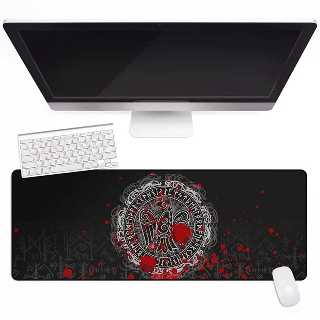 Tapis de souris avec base antidérapante et bord cousu Viking Corbeau Rune noir