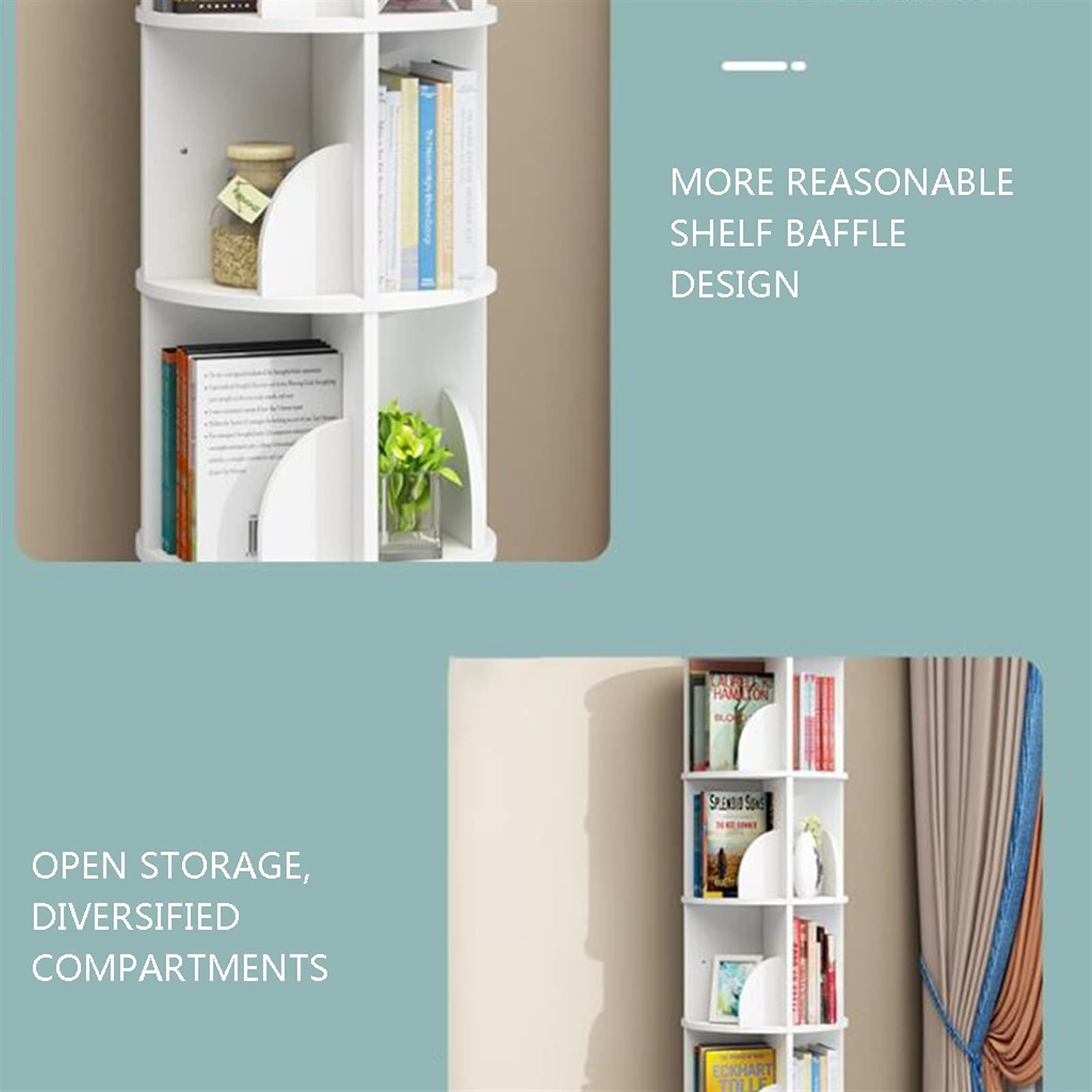 Ronde boekenplank 360 ° draaibare boekenkast in hoogte verstelbare installatie eenvoudige boekenplank 3/4/5/6/laag wit-geel (kleur: wit-geel, maat: 6 lagen (50 x 189 cm