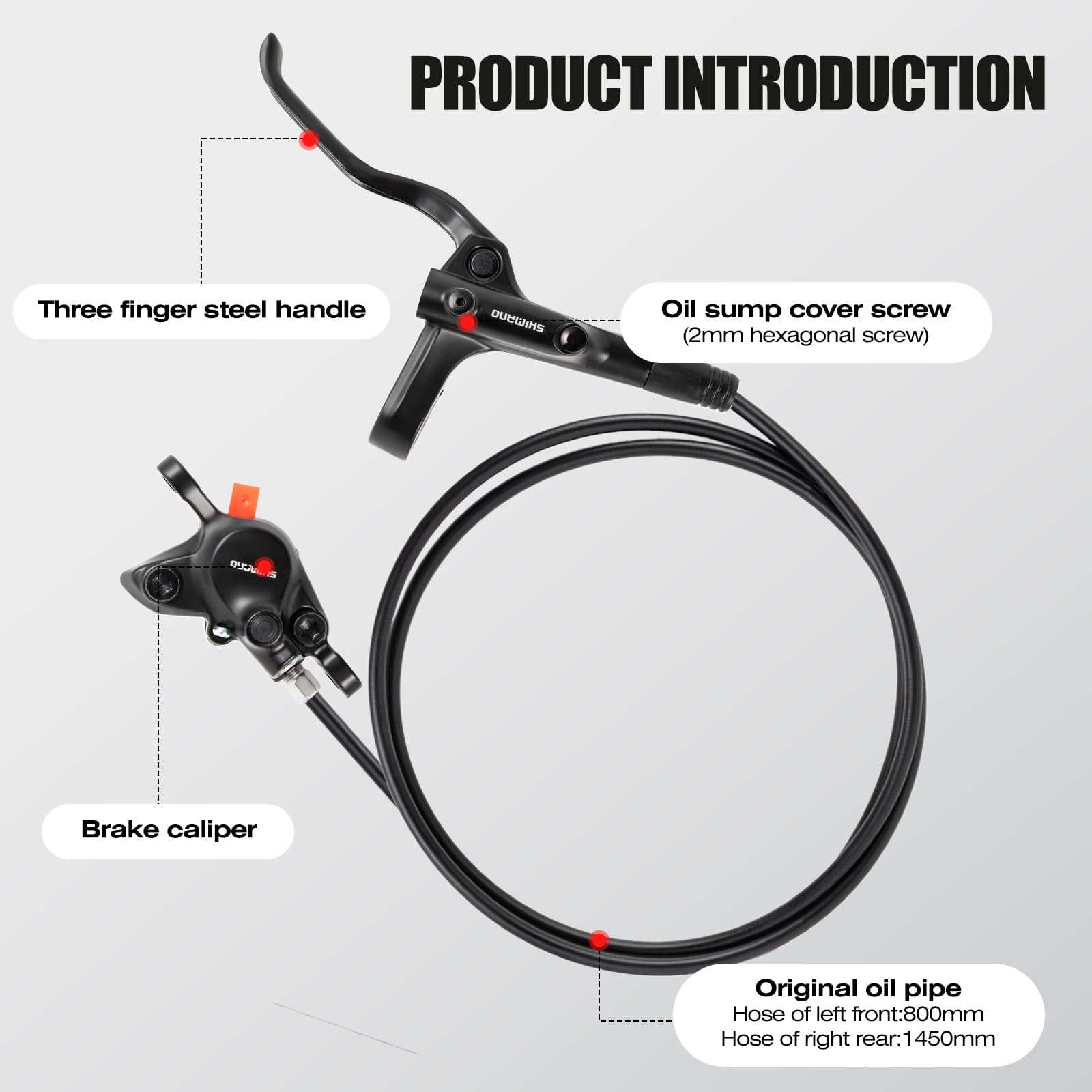 Set di Freni a Disco Idraulici MT200 — Freno Idraulico MTB Anteriore 800mm e Posteriore 1450mm con Pinze, Pre-Spurgati con Olio Minerale, Freno Idraulico per Bici Elettrica OAMCE