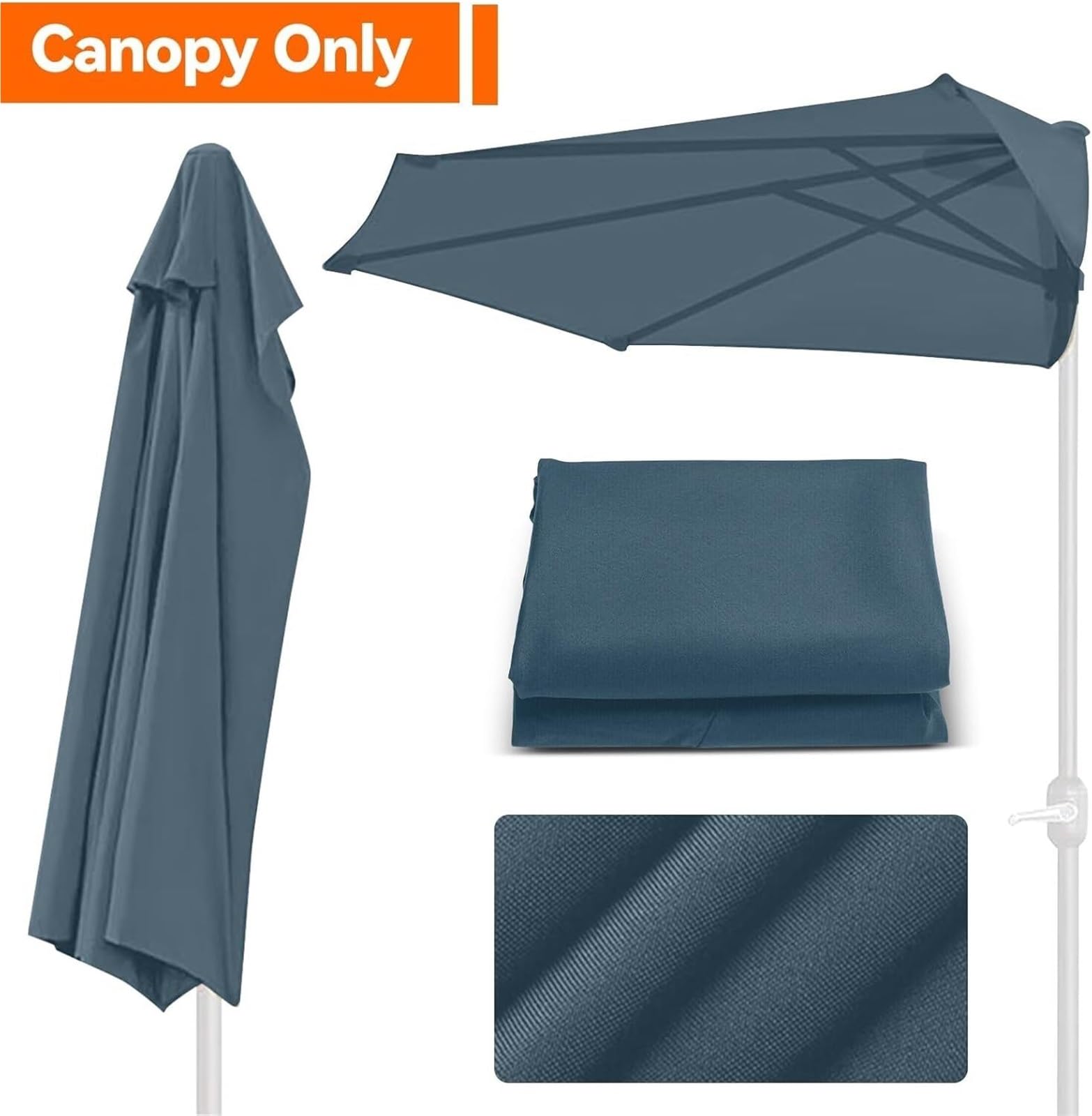 Demi-Parasol Toile de Rechange 270/300cm 5 Baleines, Tissu Imperméable pour Parasol de Jardin Terrasse Balcon, Housse de Remplacement Extérieur(O2,10ft/300cm)