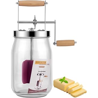 Butter Barrel Glass with Hand Crank 1.5 L Butter Barrel for Butter Making with Wooden Handle Stainless Steel Gear Manual Butter Machine Make Butter Yourself for Herb Butter Garlic Butter Upgrade